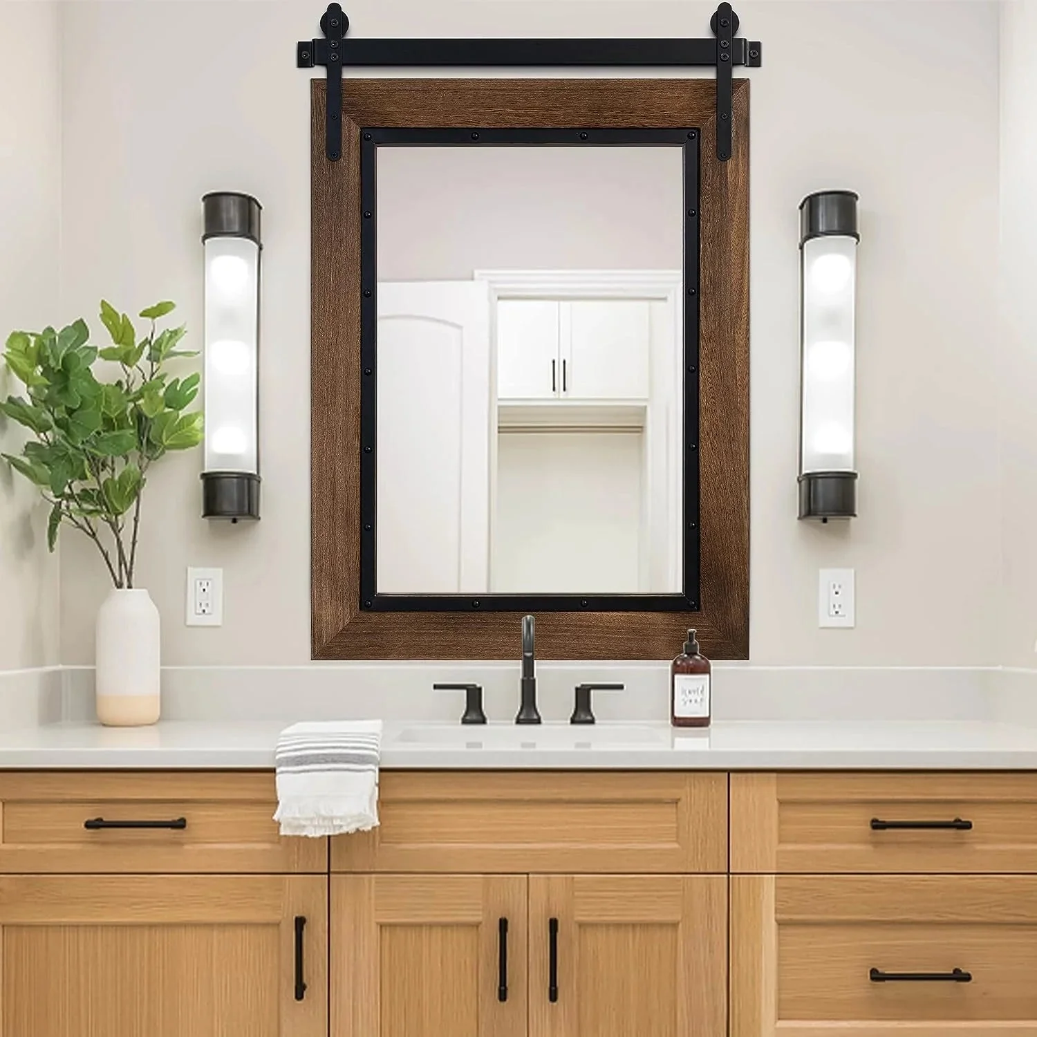 COSMOGO Farmhouse Barn Door Style Natural Wood Bathroom Vanity Wall Mirror 24 x 32 in COSMOGO Farmhouse Barn Door Style Natural Wood Bathroom Vanity Wall Mirror 24 x 32 in