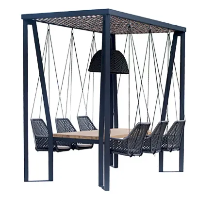 Skyline Design Horizon Pergola with Lamp, Hanging Chairs & Teak Table