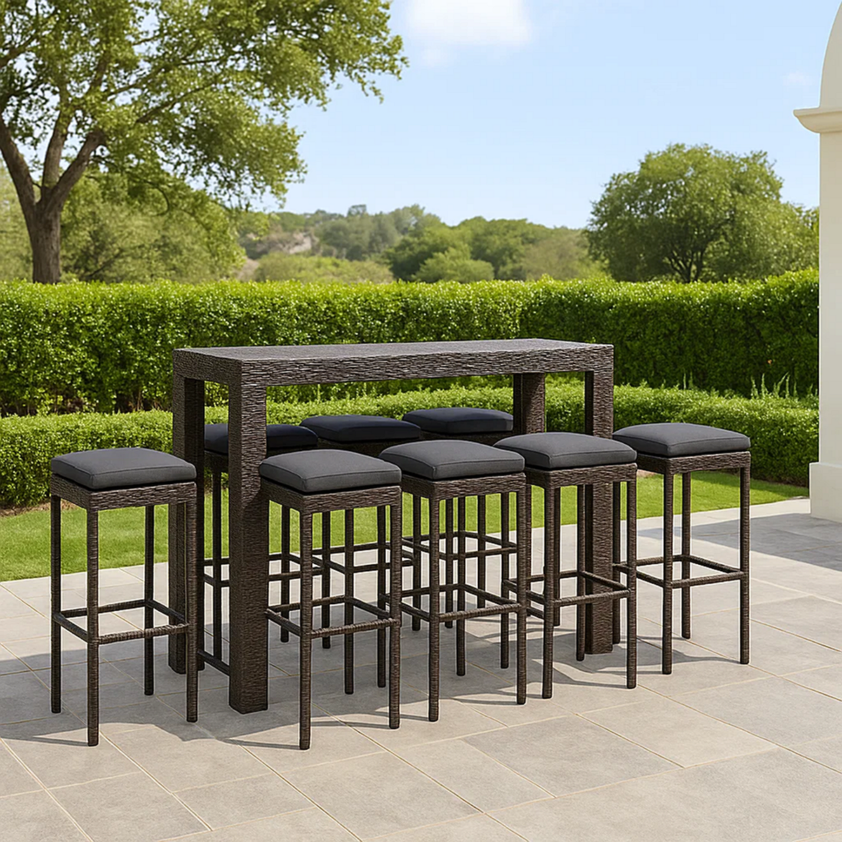 Conjunto de bar para jardín 9 pzas ratán sintético marrón oscuro con cojines – mesa alta y 8 taburetes