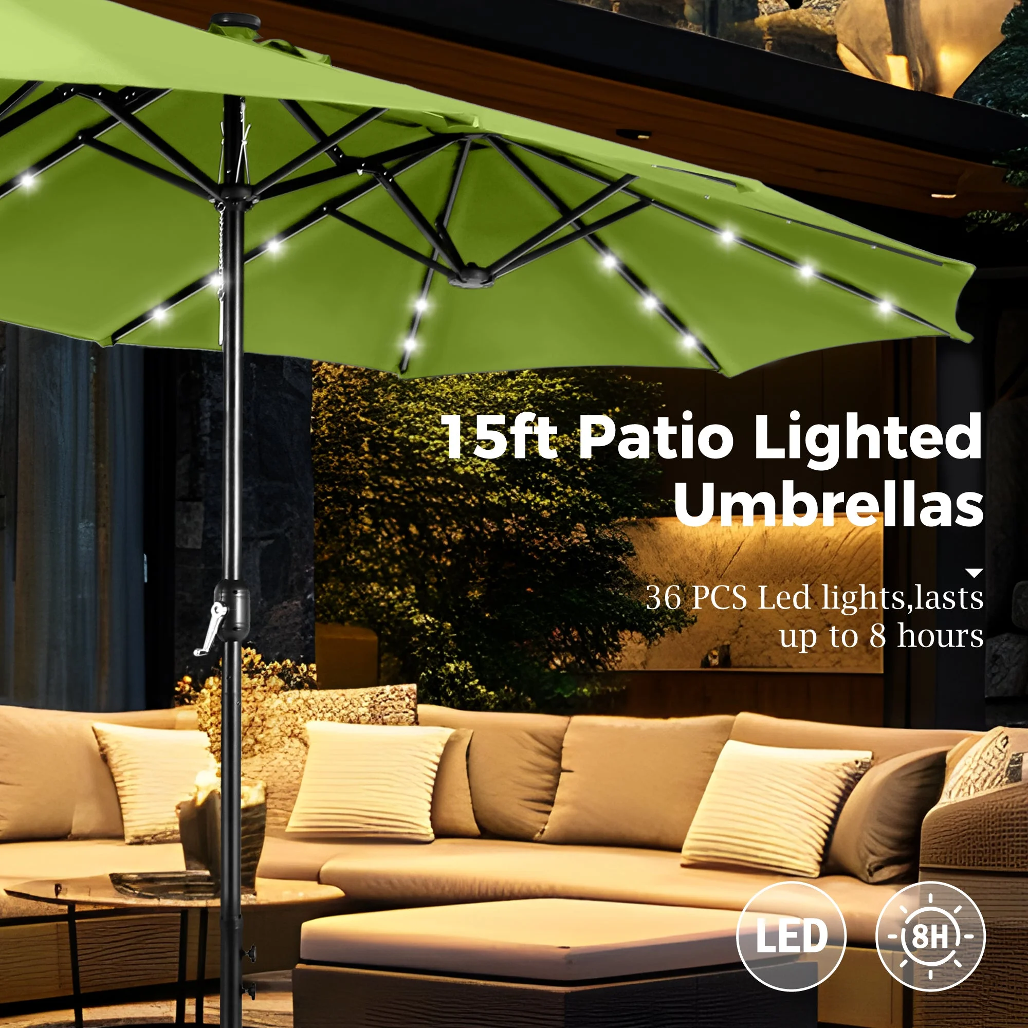 Alpha Joy 15ft Extra Large Outdoor Patio Double-Sided Umbrella with LED Solar Lights & Umbrella Base, Beige - Image 25