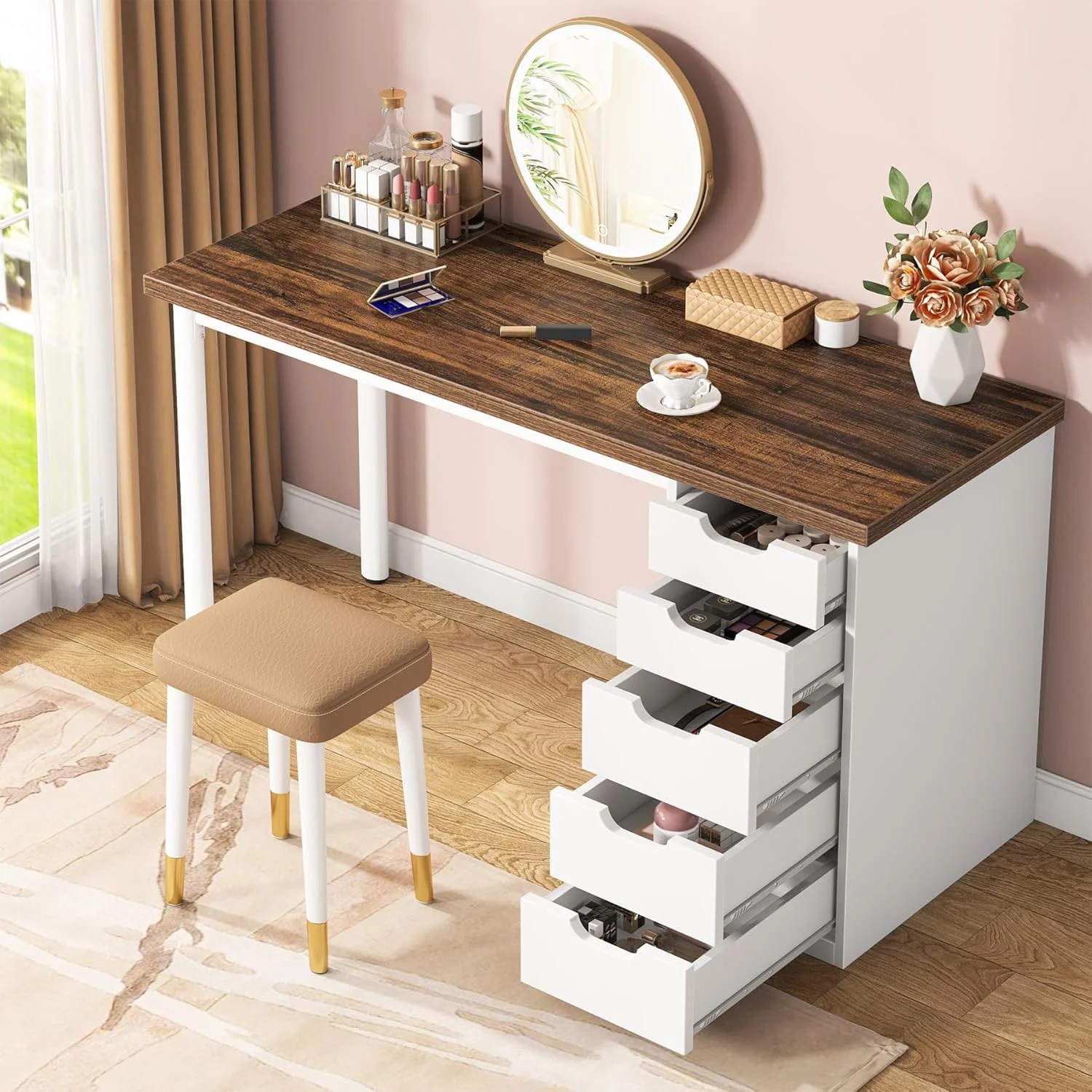 Tribesigns 47 inches Vanity Desk with 5 Drawers, Rustic Makeup Dressing Table with Storage, Modern Simple Computer Desk for Women, Girls (Brown) - Image 2