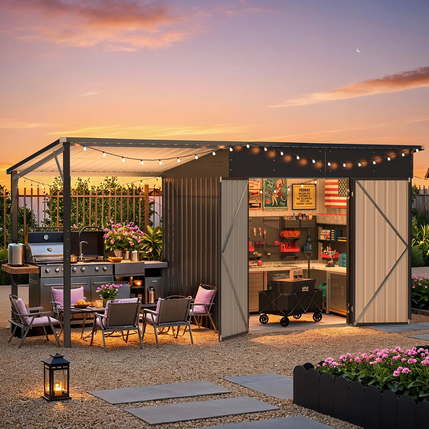 YODOLLA Outdoor Open-Sided Storage Shed, 3x5 Sheds & Outdoor Storage with 15 Sq. Ft Covered, 5x3 Small 2-in-1 Tool Shed with Attached Hardtop Metal Pergola Gazebo - Image 20