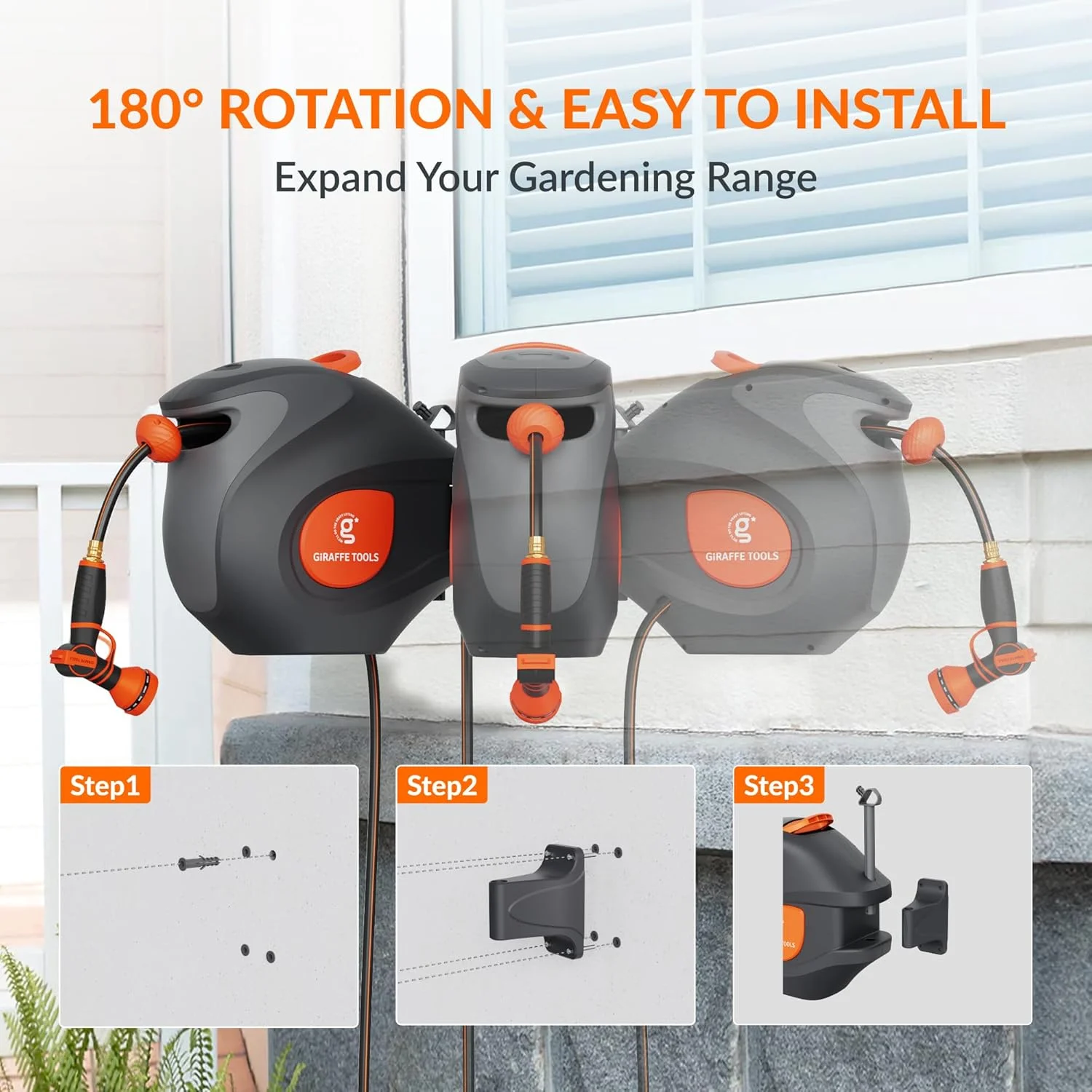 Giraffe Tools Retractable Garden Hose Reel with 1/2in-100ft Water Hose, Plastic Bracket, Wall Mounted, Dark Grey - Image 65
