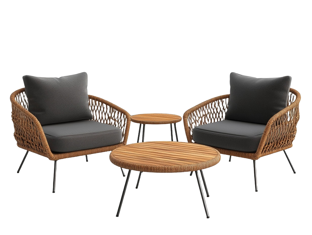 Sofá y mesa de café de exterior de ratán en color marrón con cojines gris oscuro ki5723935