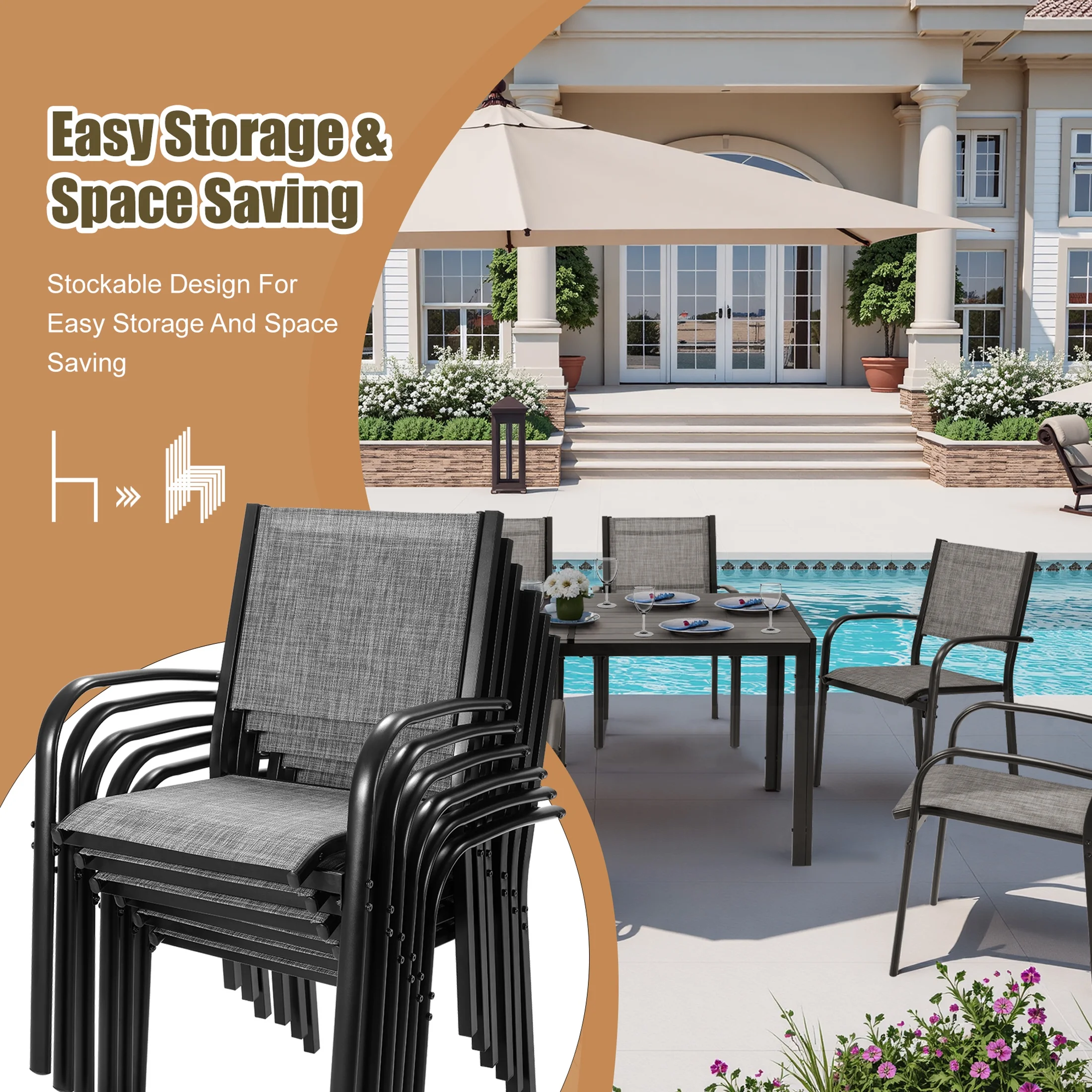 7 Piece Outdoor Dining Set, Patio Dining Table Set for 6 Persons, Garden Patio Textilene Dining Furniture Set with Plastic-Wood Tabletop, Dining Table Chairs Conversation Set for Deck Patio - Image 30