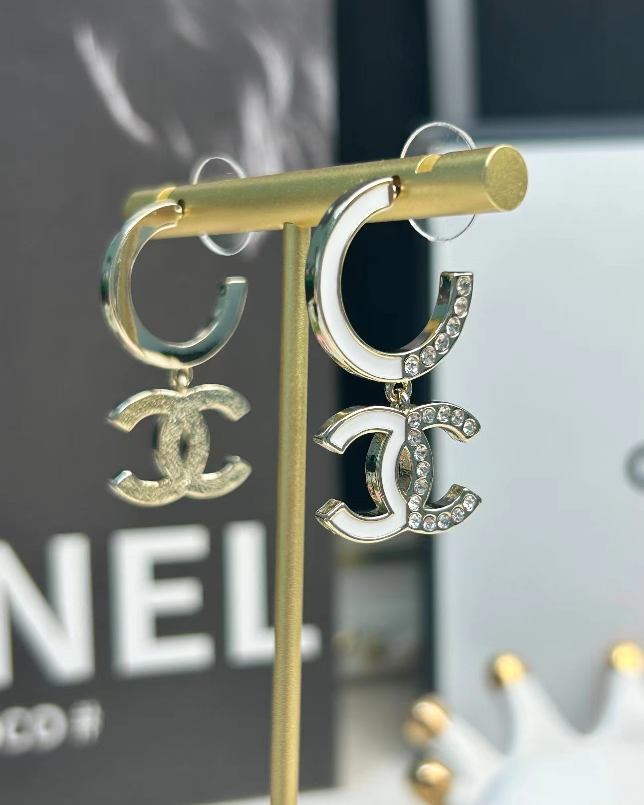 Chanel Half Enamel Half Diamond Double C Earrings - Original Replica Club