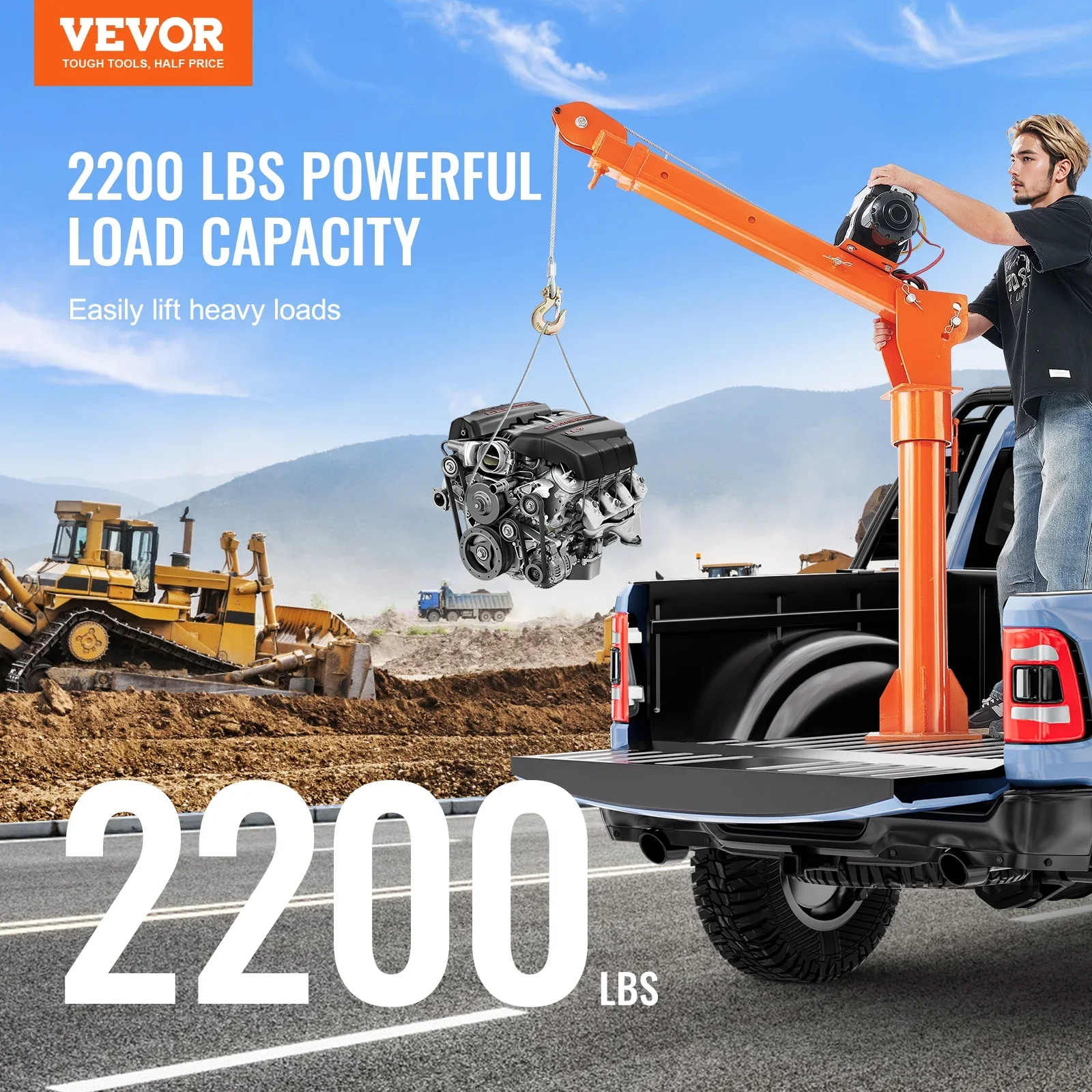 VEVOR Electric Pickup Truck Crane, 2200 lbs, Folding Truck-Mounted Bed Crane with Electric Winch 6000 lbs, Steel Pickup Truck Jib Crane Hoist 360�� Swivel for Lifting Goods in Construction, Factory
