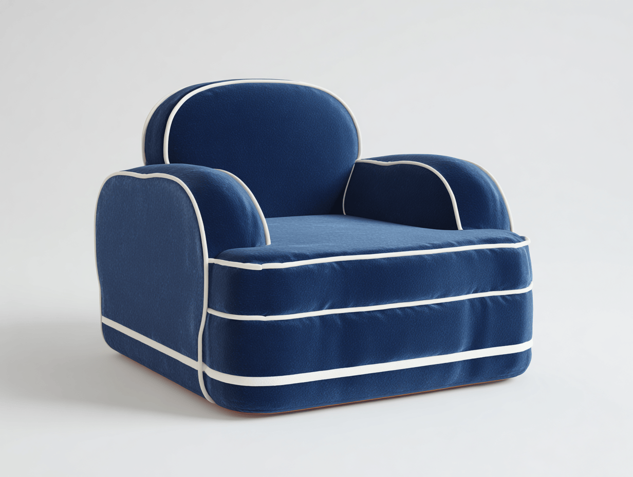 Sillón club clásico tapizado en tela – azul marino con ribetes blancos – estilo vintage