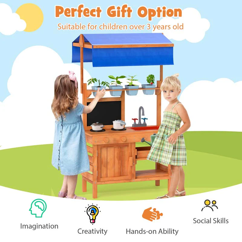 Eletriclife Wooden Pretend Play Kitchen with Height Adjustable Canopy