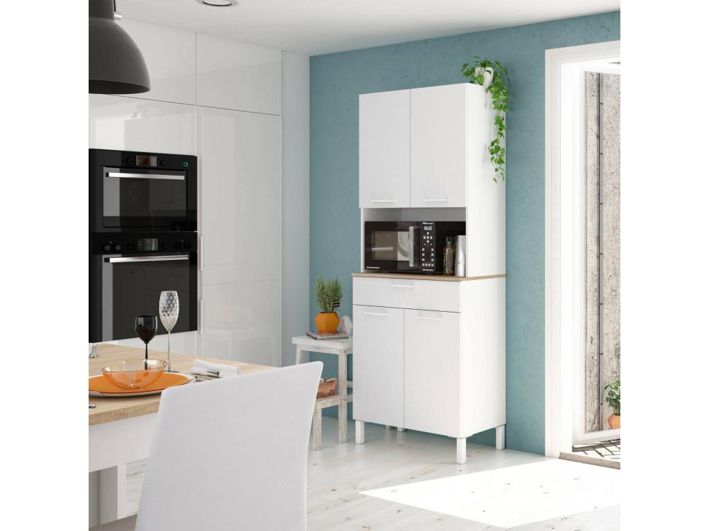 Armario multiusos Dbakke, Mueble auxiliar de cocina, Aparador con 4 puertas y 1 cajón con baldas, armario abierto, 72x40h186 cm, Blanco y Roble