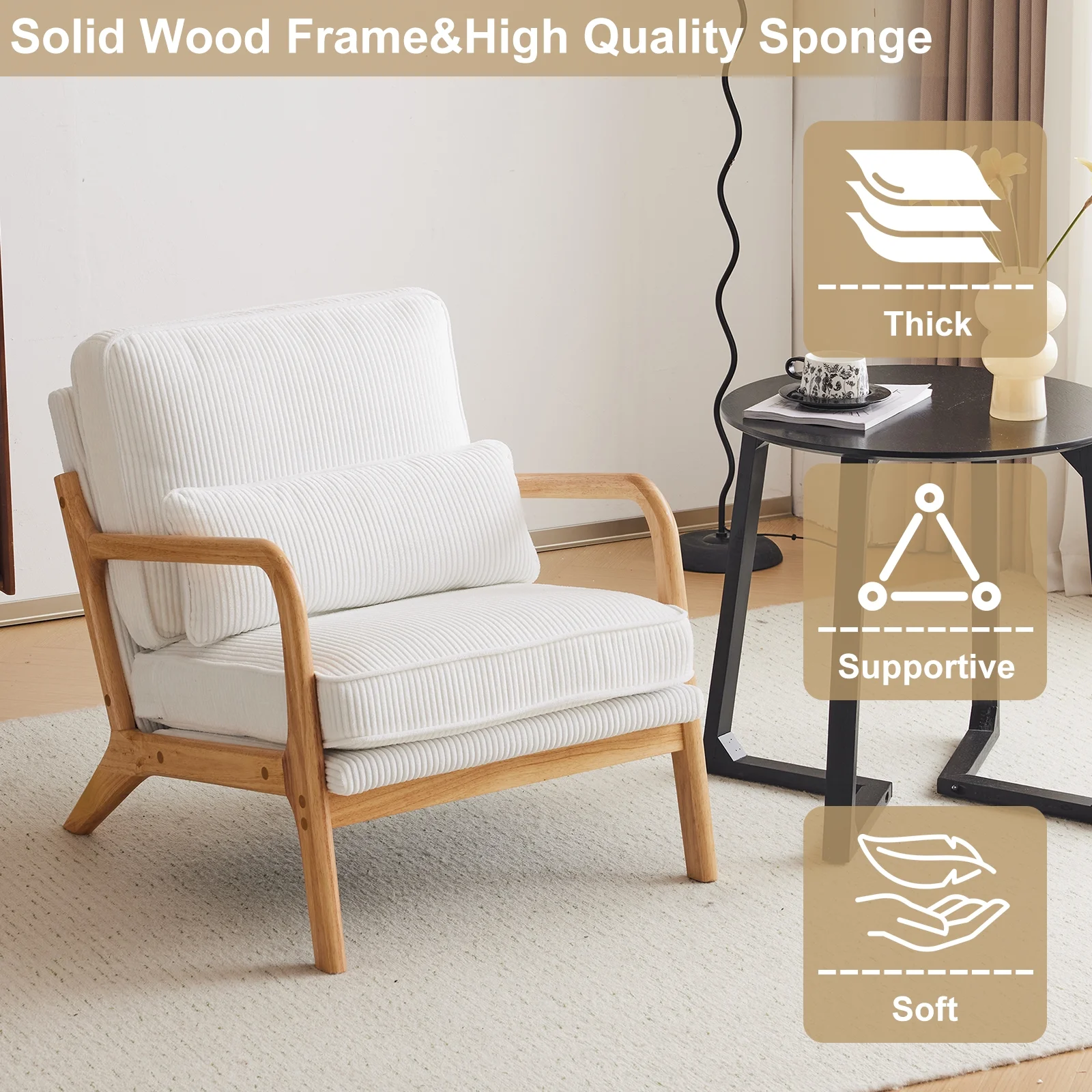 Ktaxon Accent Chair Corduroy Upholstered Armchair, Reading Club Chair with Pillow and Solid Wood Frame for Living Room Bedroom Furniture Off White - Image 151