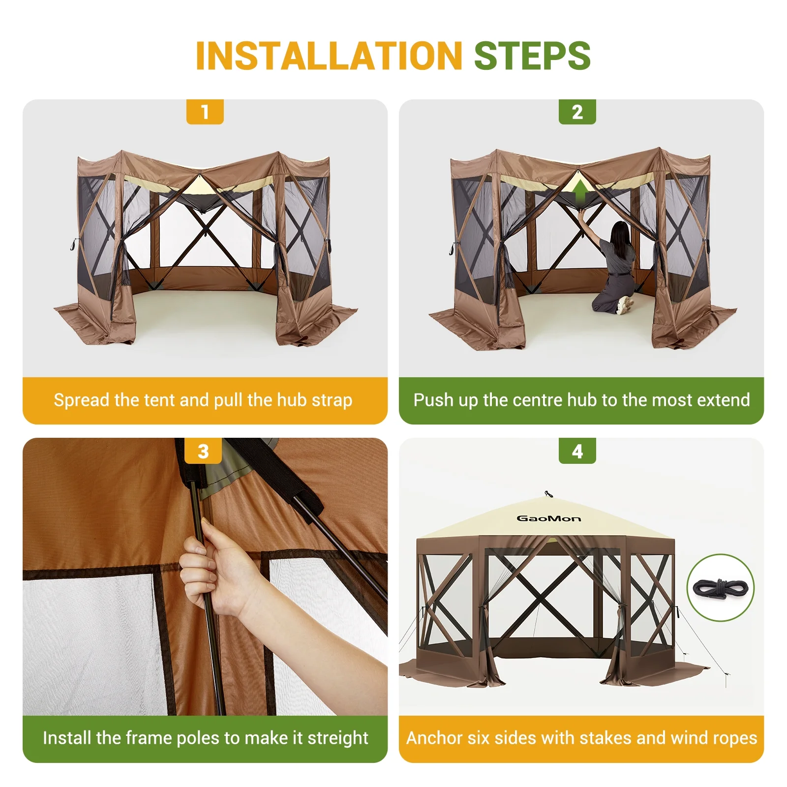 Pop Up Gazebo,Portable Outdoor Camping Canopy Screen Tent With Waterproof 6 Sidewalls&Mosquito Netting,Easy Up Windproof & Waterproof Party Tent For Lawn Garden Backyard,Grey/Brown - Image 5