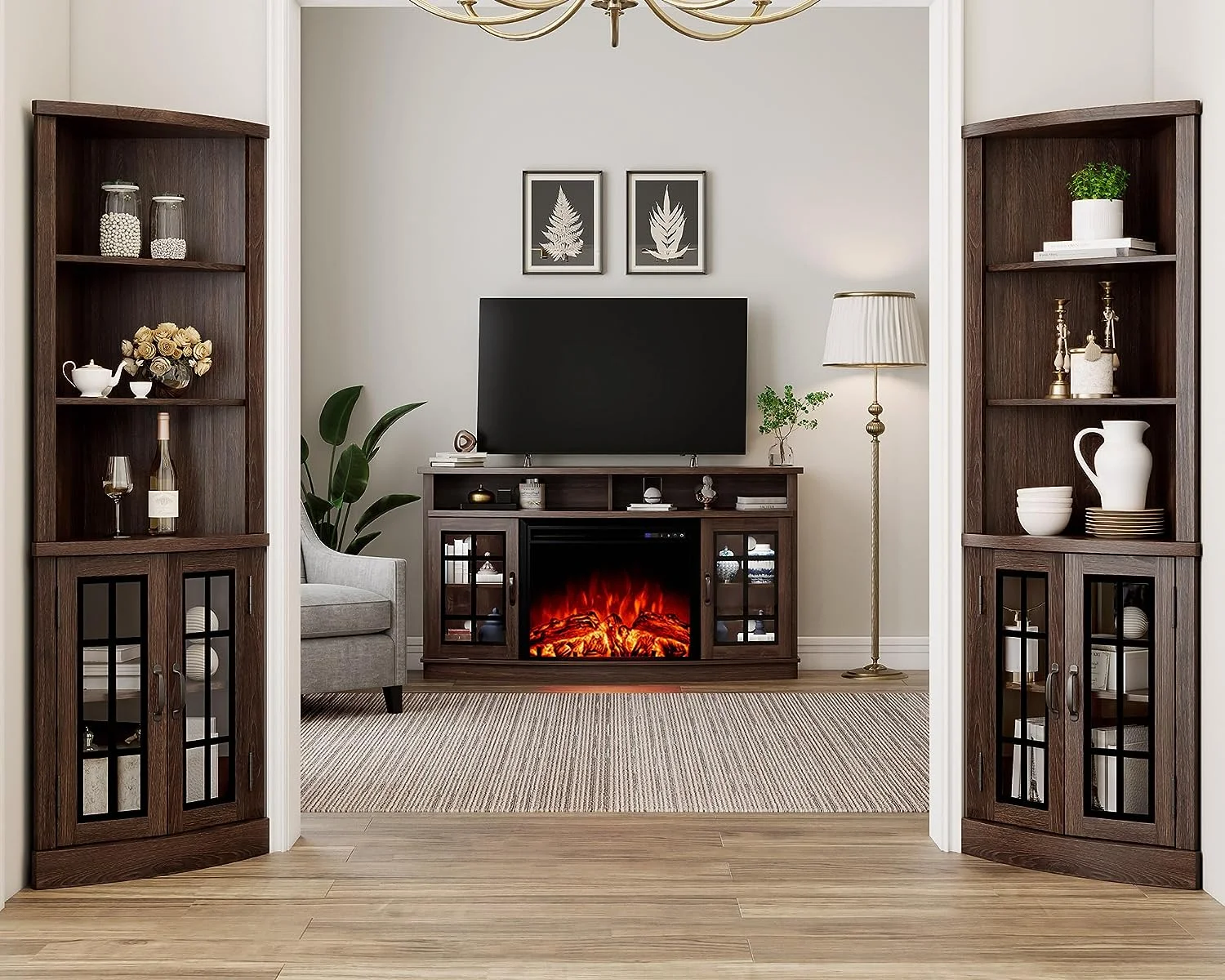 Merluxy Curved Corner Cabinet, 65" Wood Bookcase with 3 Shelves, Distressed White - Image 14