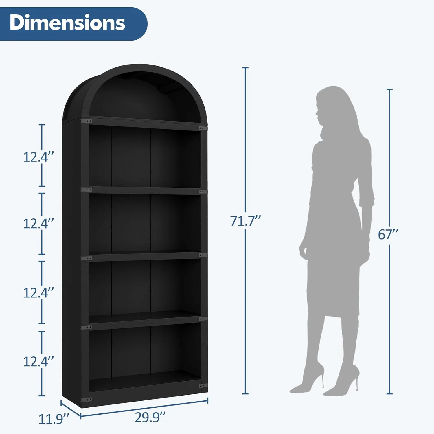 Bookcase 5 Shelf Arched Bookshelf 71.65in Tall Bookcase Farmhouse Display Storage Rack Wooden Bookshelves for Home Office, Living Room(white) - Image 16