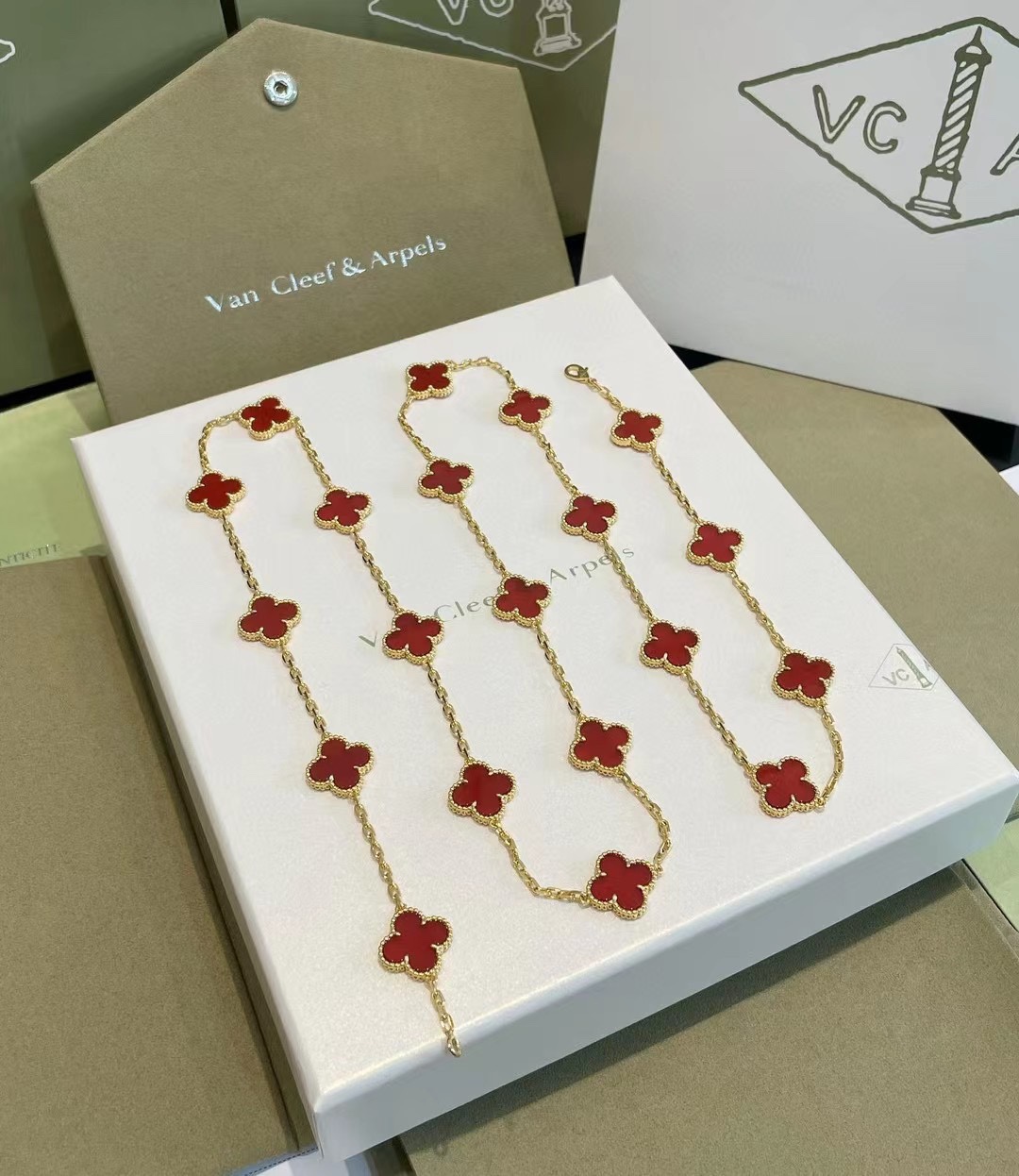 VCA Yellow Gold 20 Carnelian Clover Vintage Alhambra Long Necklace - Original Replica Club