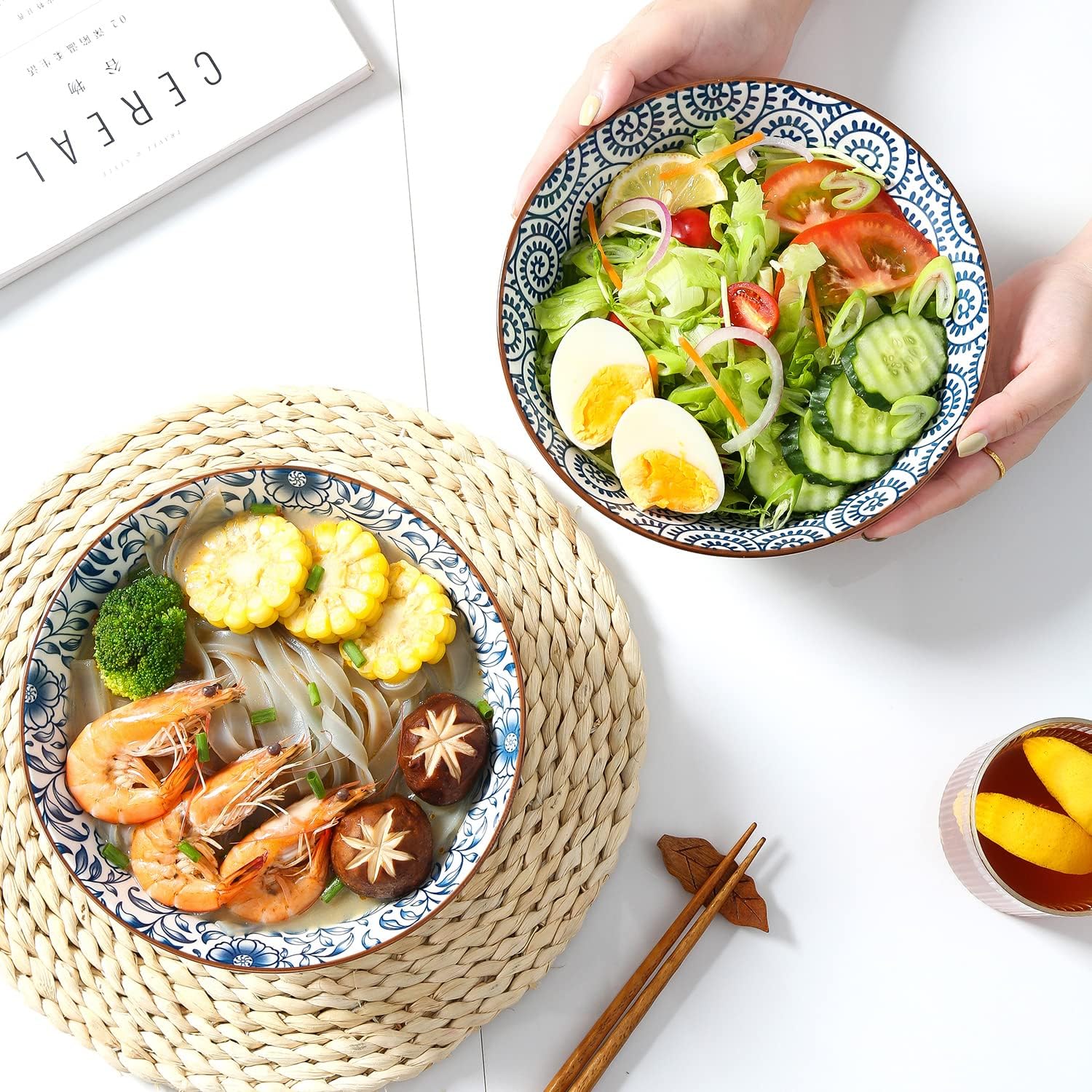 Ramen Bowls Set of 4, 40 oz Ramen Bowls, 8 Inch Ceramic Noodle Bowls for Pho, Soup & Udon, Blue and White Japanese Style, Microwave & Dishwasher Safe