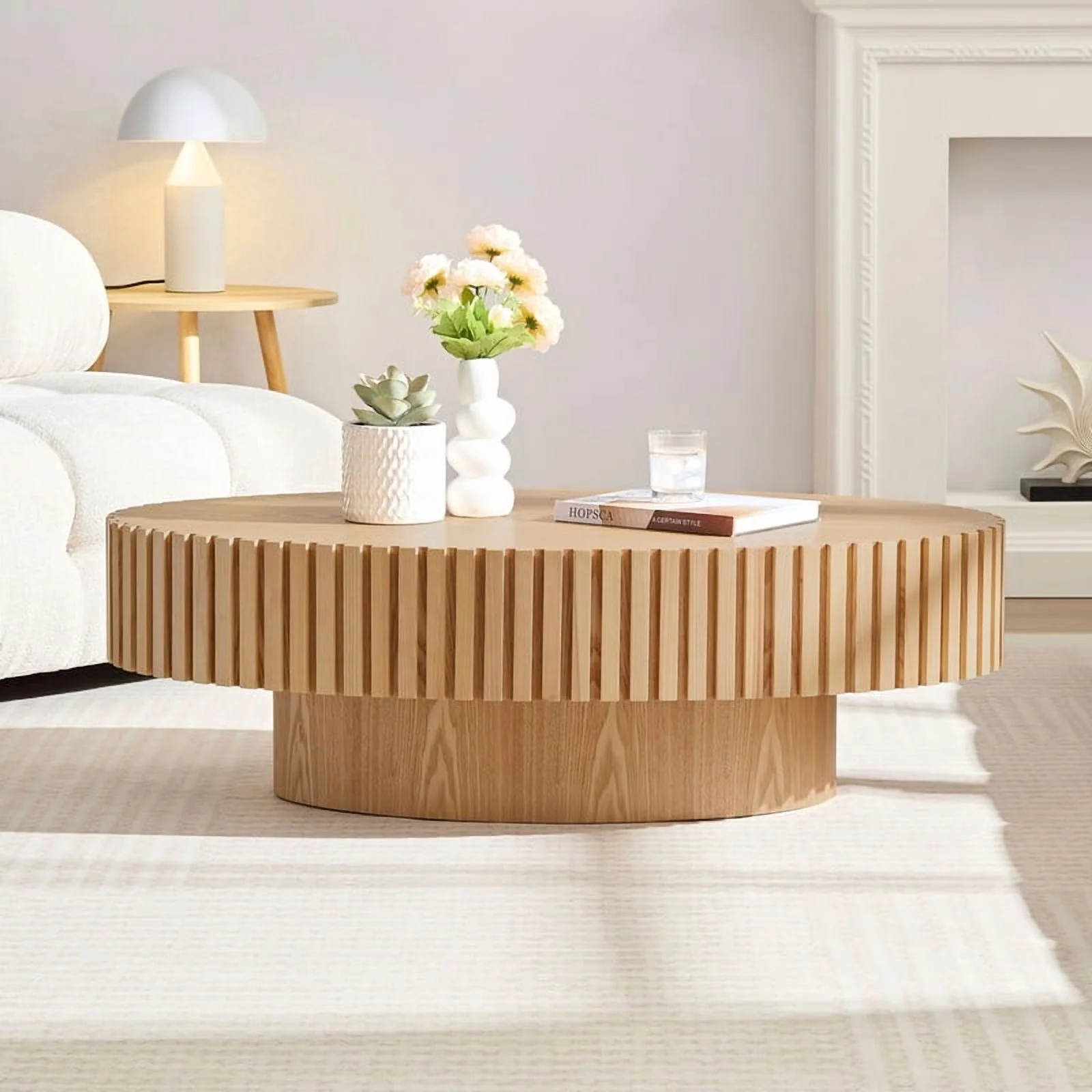 FFH 43.7 inch Oval Coffee Table for Living Room,Handcraft Rustic Corner Coffee Table Nature Wood Relief Sturdy Pedestal for Apartmen,Side Table Centre Table,Nature Wood - Image 56