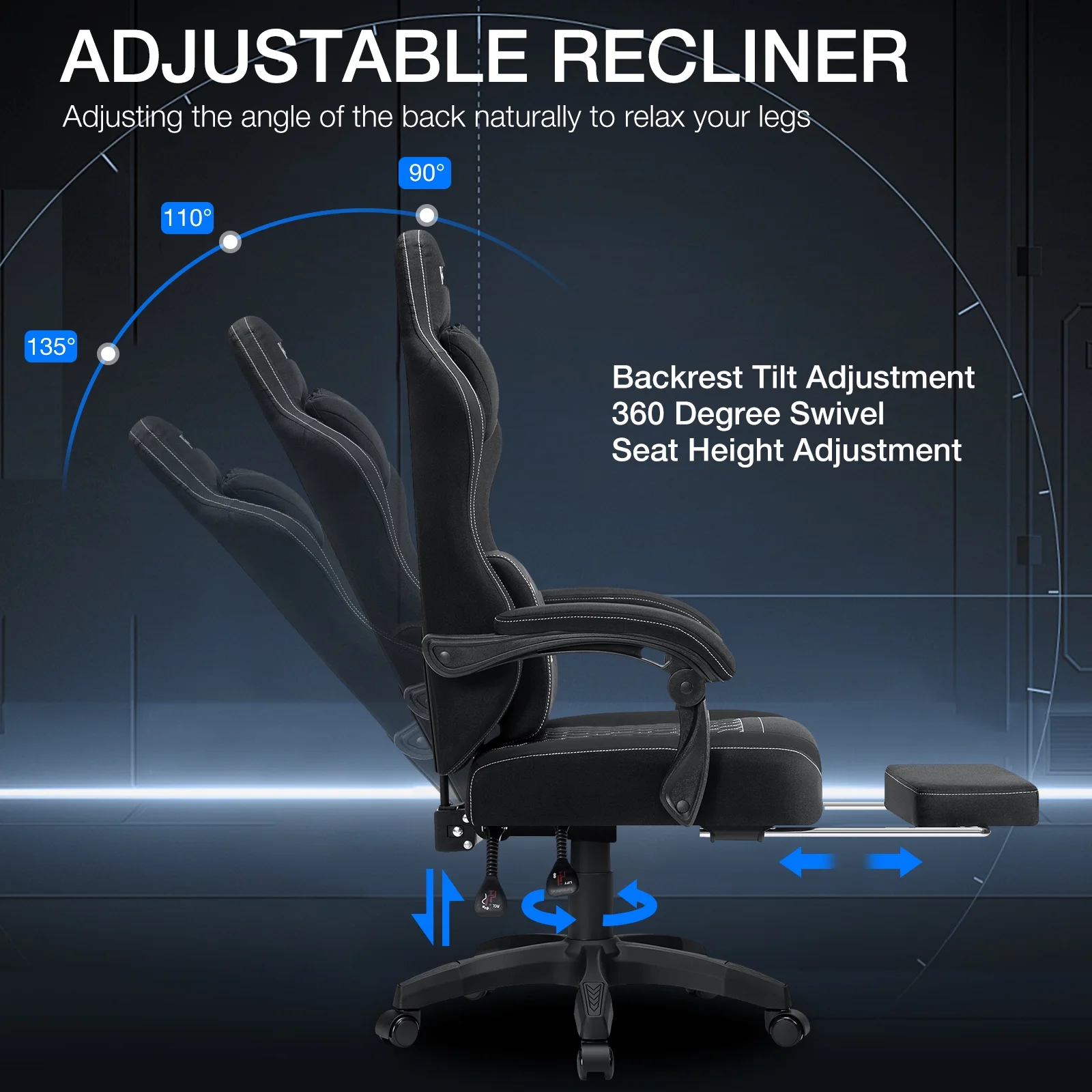 Hoffree Gaming Chair with Massage Fabric Office Chair with footrest for Adults, Ergonomic Gamer Chair with Headrest and Lumbar Support for Office Gaming, 440 LBS - Image 2