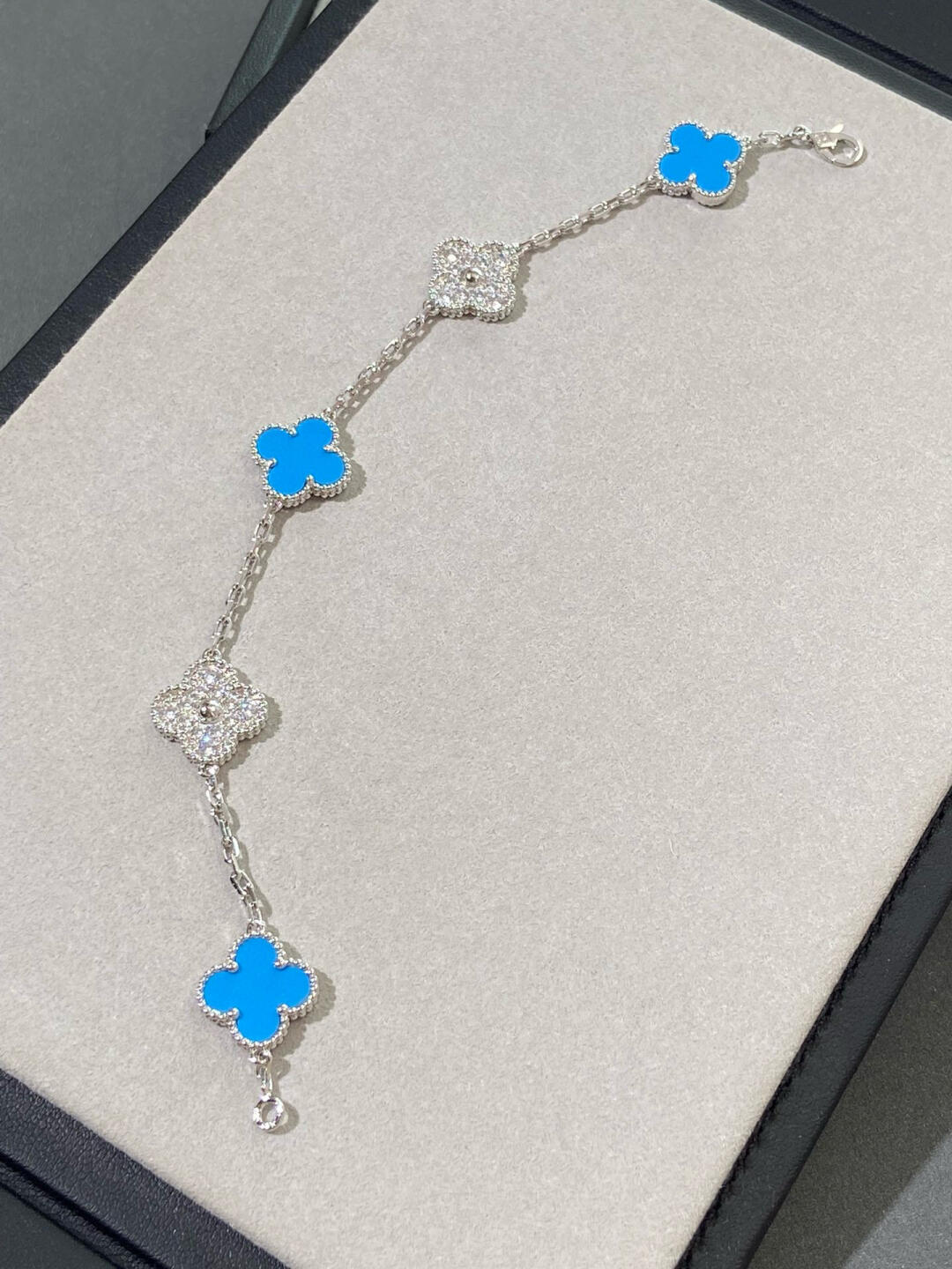 VCA Blue Agate VIntage Alhambra Bracelet, 5 Motifs - Original Replica Club