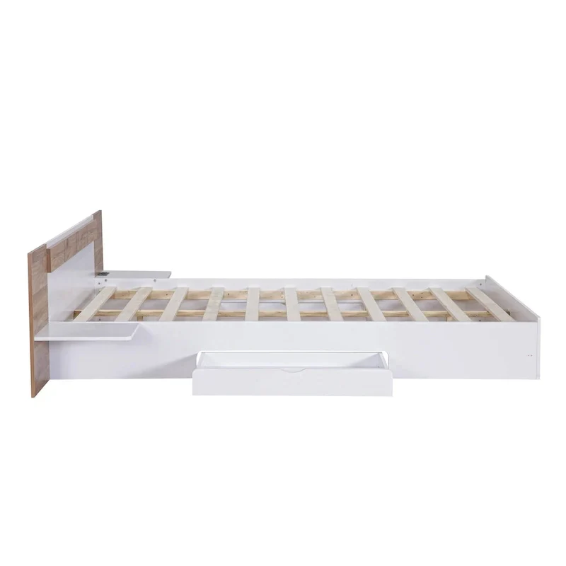 Natural Queen Size Platform Bed with Headboard, Storage Drawers, Shelves, USB Ports, and Outlets