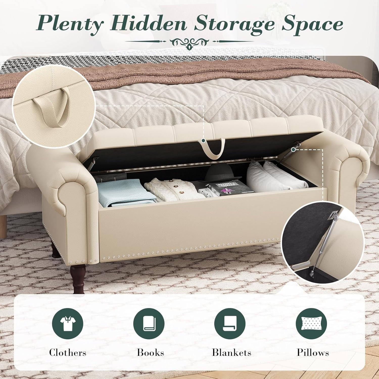 YOUDENOVA Storage Ottoman Bench for Bedroom 51" Queen Leather Storage Bench with Button, Upholstered Bedroom Bench with Rolled Arms for Living Room, Storage Room, Entryway, Gray - Image 15