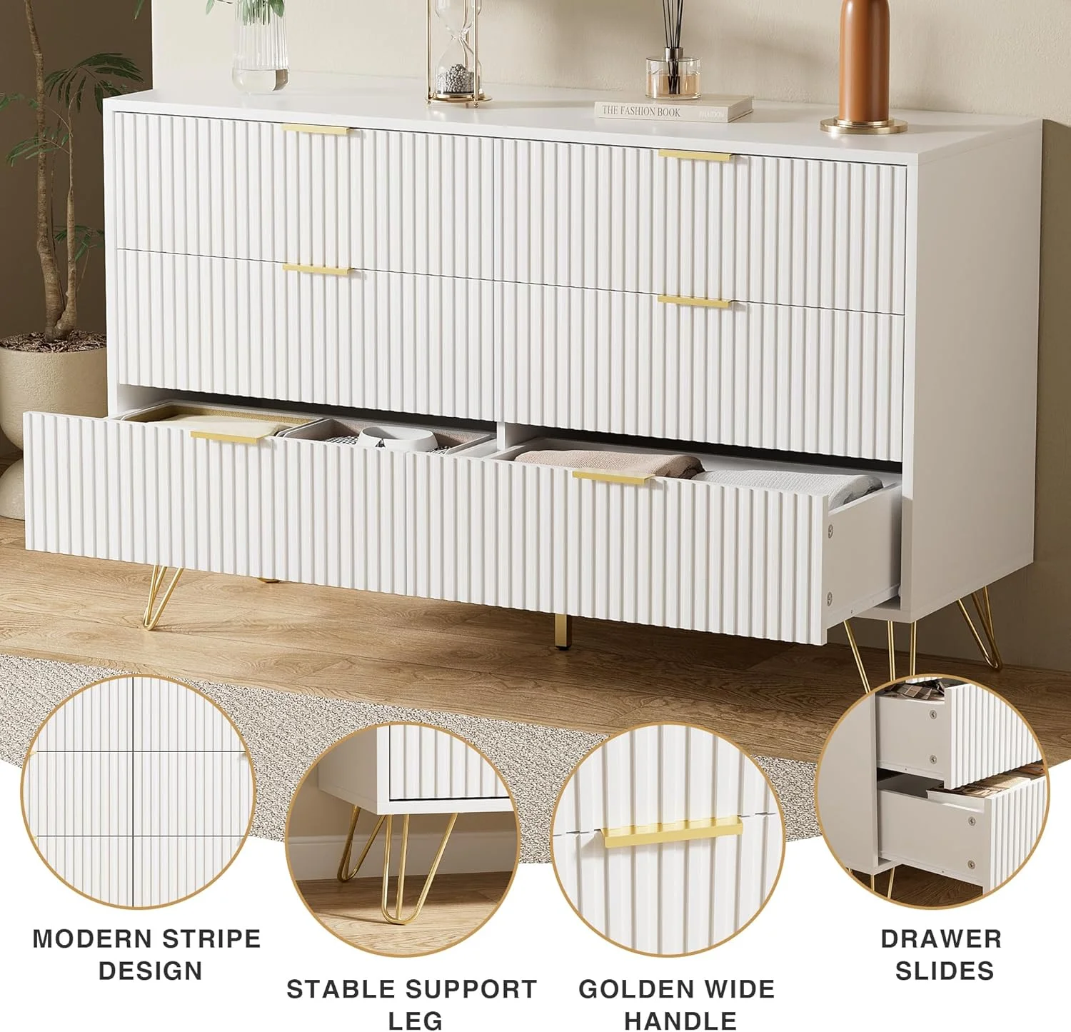 FURNIWAY White 6 Drawer Dresser for Bedroom, Modern Dresser with Gold Metal Handles,Fluted Wood TV Stand for Living Room, Hallway - Image 8