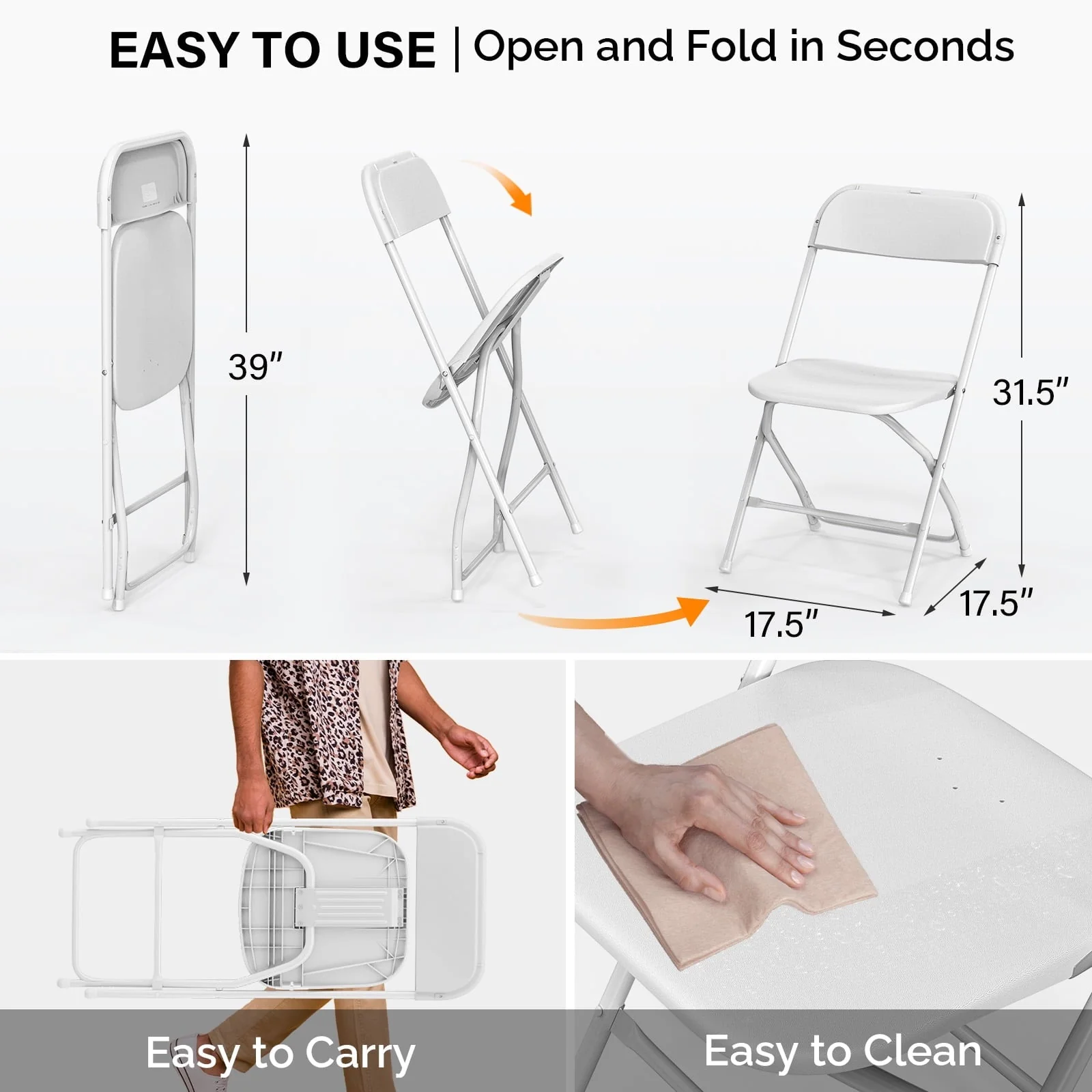 VINGLI 10 Pack White Plastic Folding Chair, Indoor Outdoor Stackable Seat - Image 4