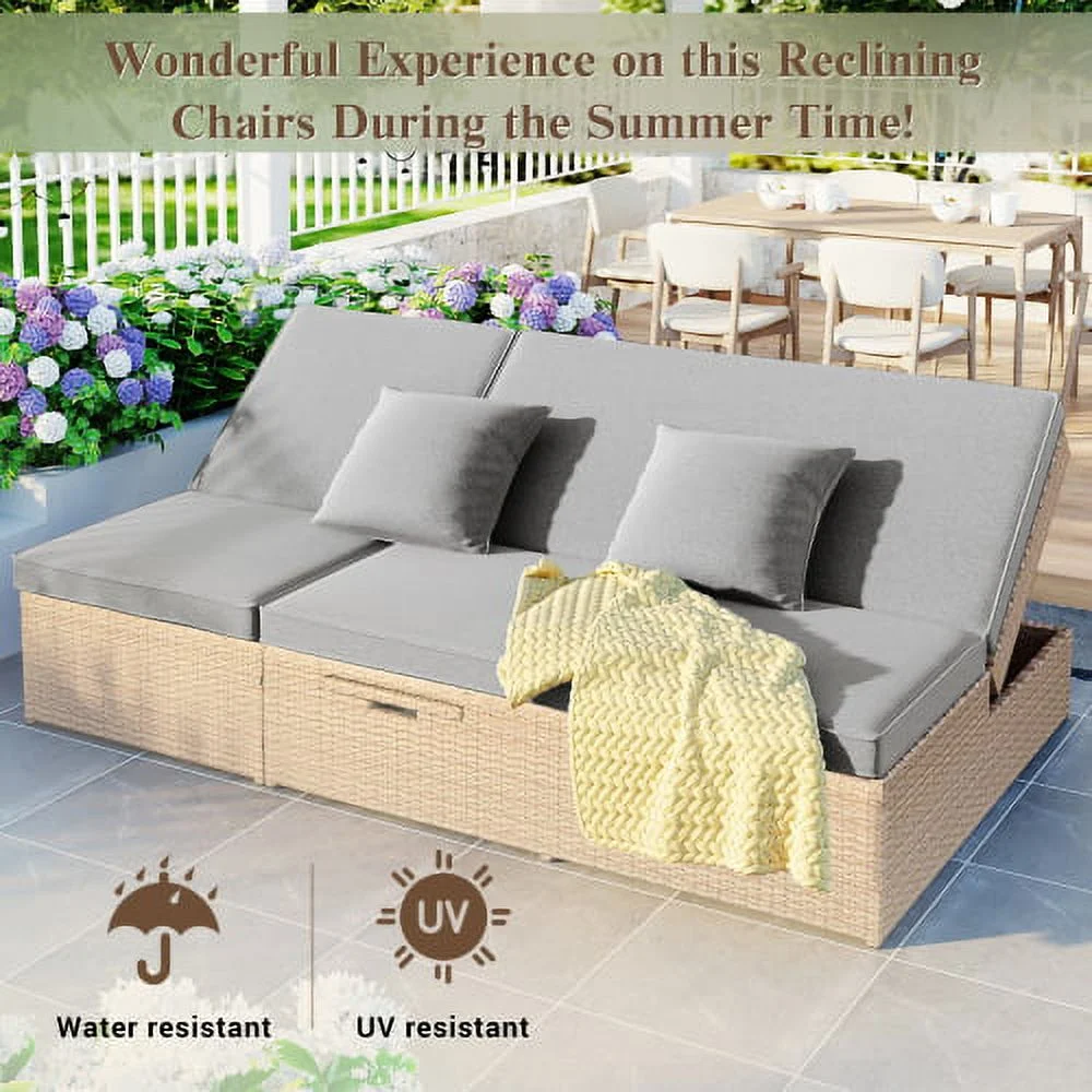 Harper & Bright Designs Rattan Outdoor Double Lounge Chaise 2-Person PE Wicker Outdoor Patio Sunbed with Canopy Cover for Backyard Garden Balcony, Beige+Black - Image 37
