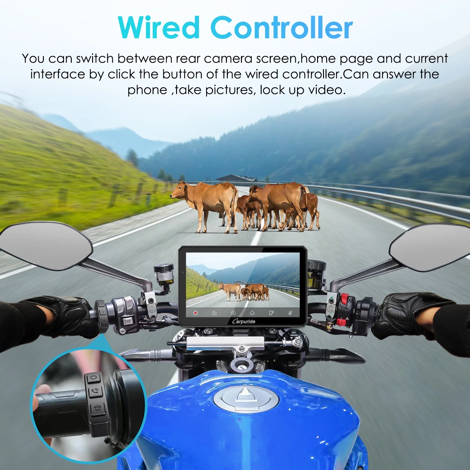 Carpuride Motorcycle HD Dual 1080P Dash Cam, Wireless Apple CarPlay & Android Auto Wire Control, Horizontal Vertical Rotation 7" Touch Screen (712D) - Image 11