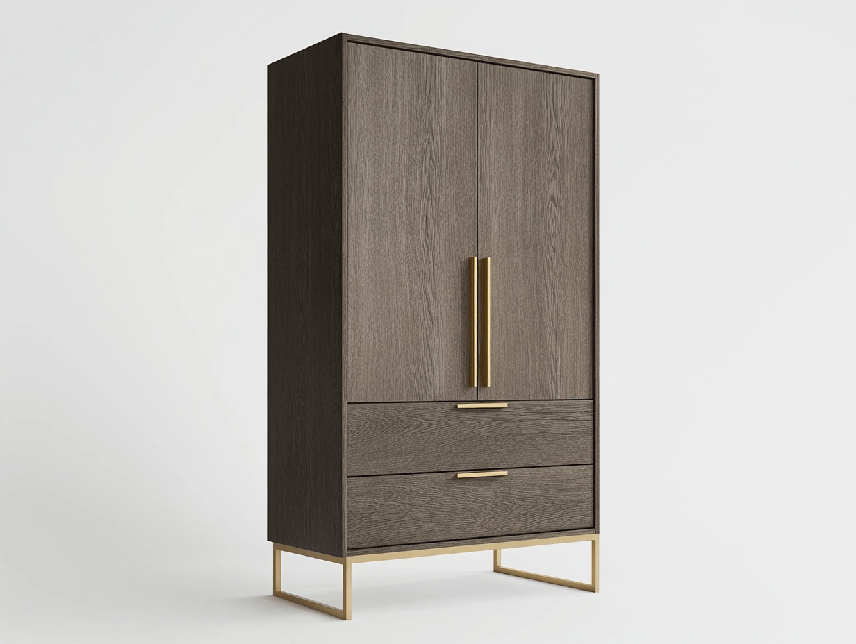 Armario Alto con Dos Puertas y Tres Cajones en Gris Oscuro y Dorado