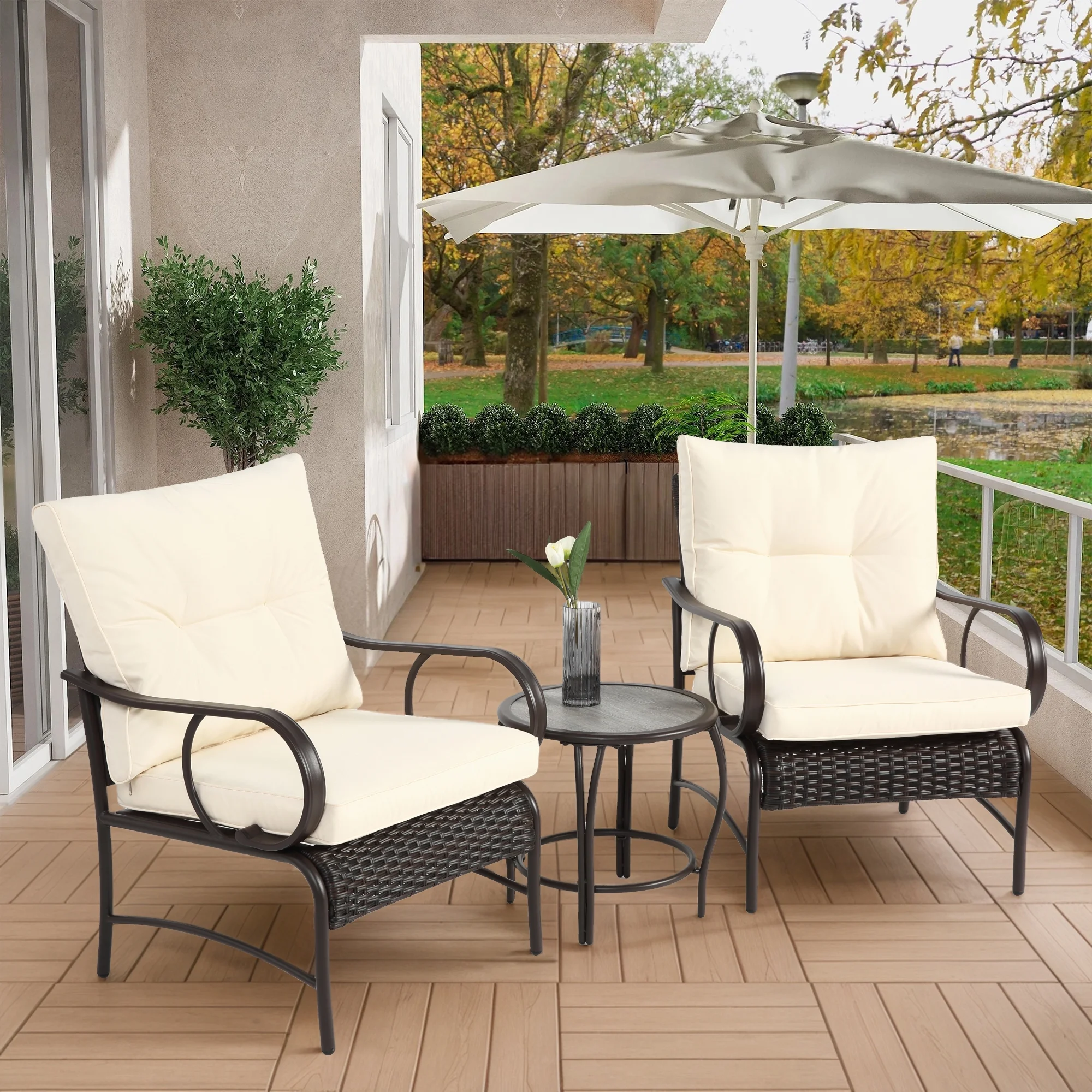 Villeston 3 Piece Outdoor Wicker Conversation Patio Set, with 2 Chairs, Table for Porch Garden,Blue - Image 20