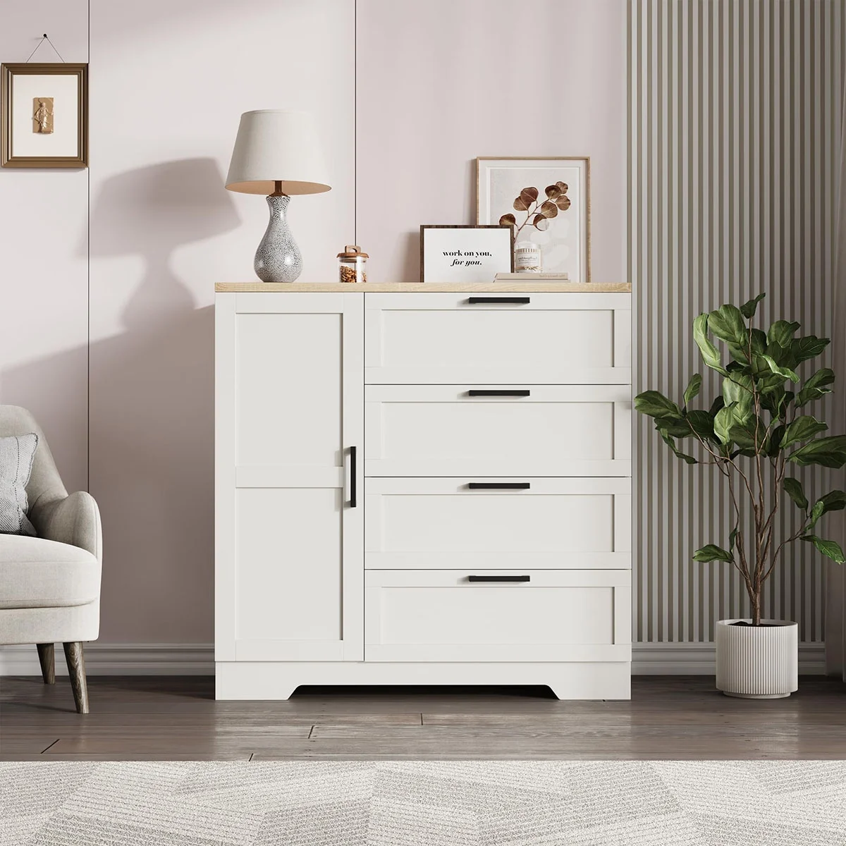 Ataucjin Wood Armoire Wardrobe Closet with 4 Drawers and Door, 43.3" H Bedroom Wardrobe Cabinet with Hanging Rod, Clothing Storage Cabinets, 4 Drawers Dresser with Storage Closet - Image 17