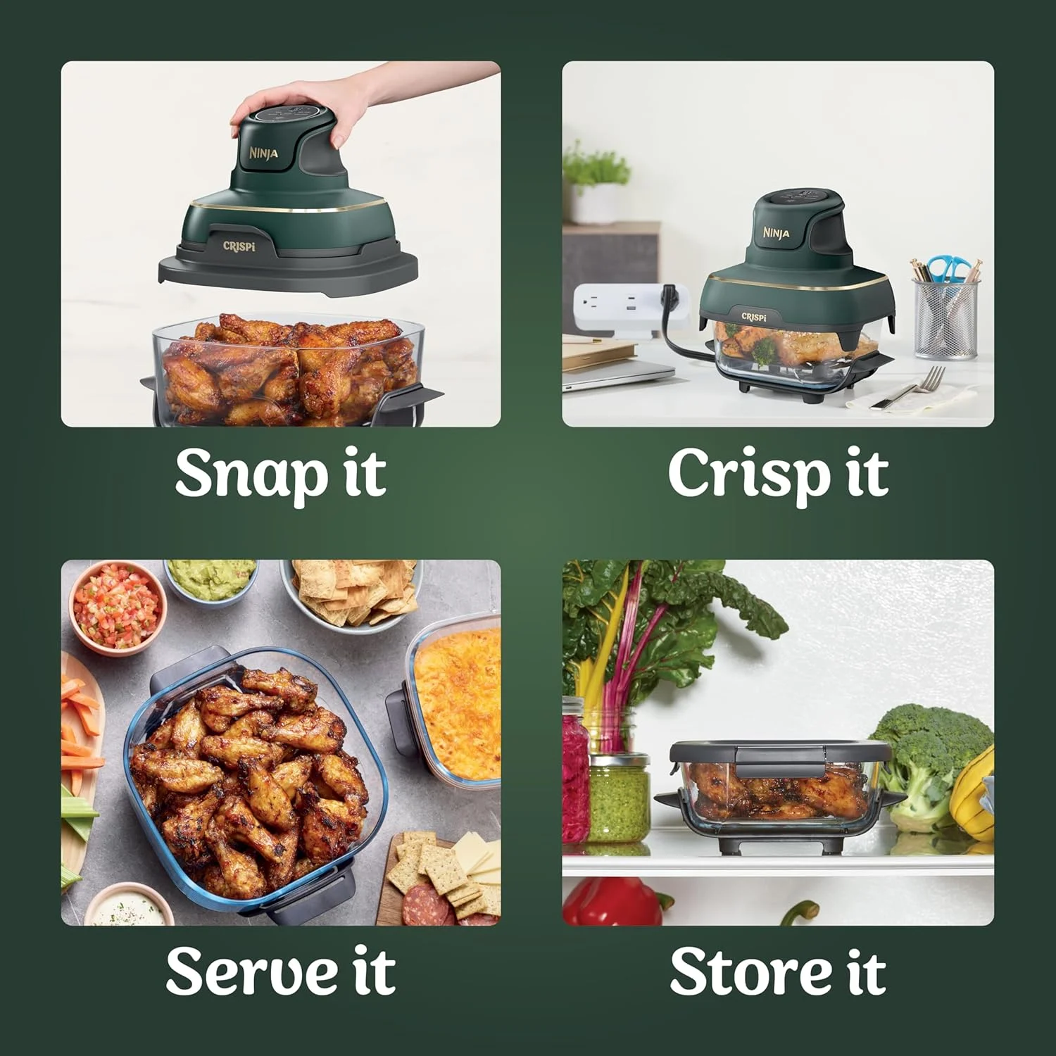 Ninja Crispi 5-in-1 Portable Glass Air Fryer Cooking System FN103BF, British Racing Green with Soft Gold Trim, 1500W, New - Image 9