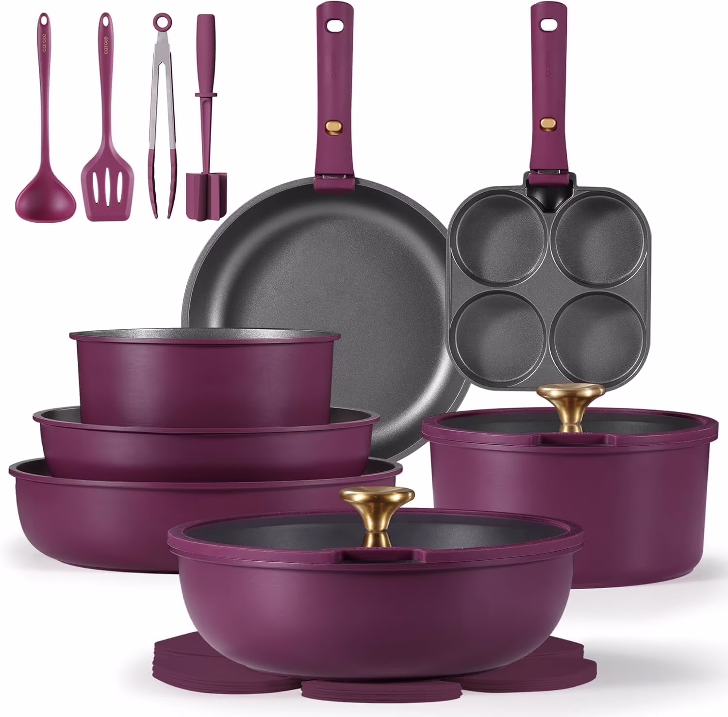 Carote 20 Pcs Nonstick Cookware Sets, Pots and Pans Set with Detachable Handles, Oven Safe, Induction Cookware, Stackable Kitchen Cooking Set, Ultra Violet(Ultra Violet)