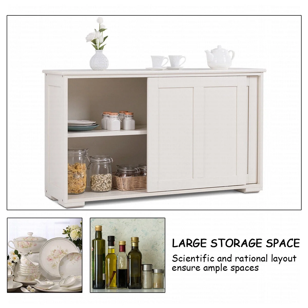Costway Kitchen Storage Cabinet Sideboard Buffet Cupboard Wood Sliding Door Pantry White - Image 11