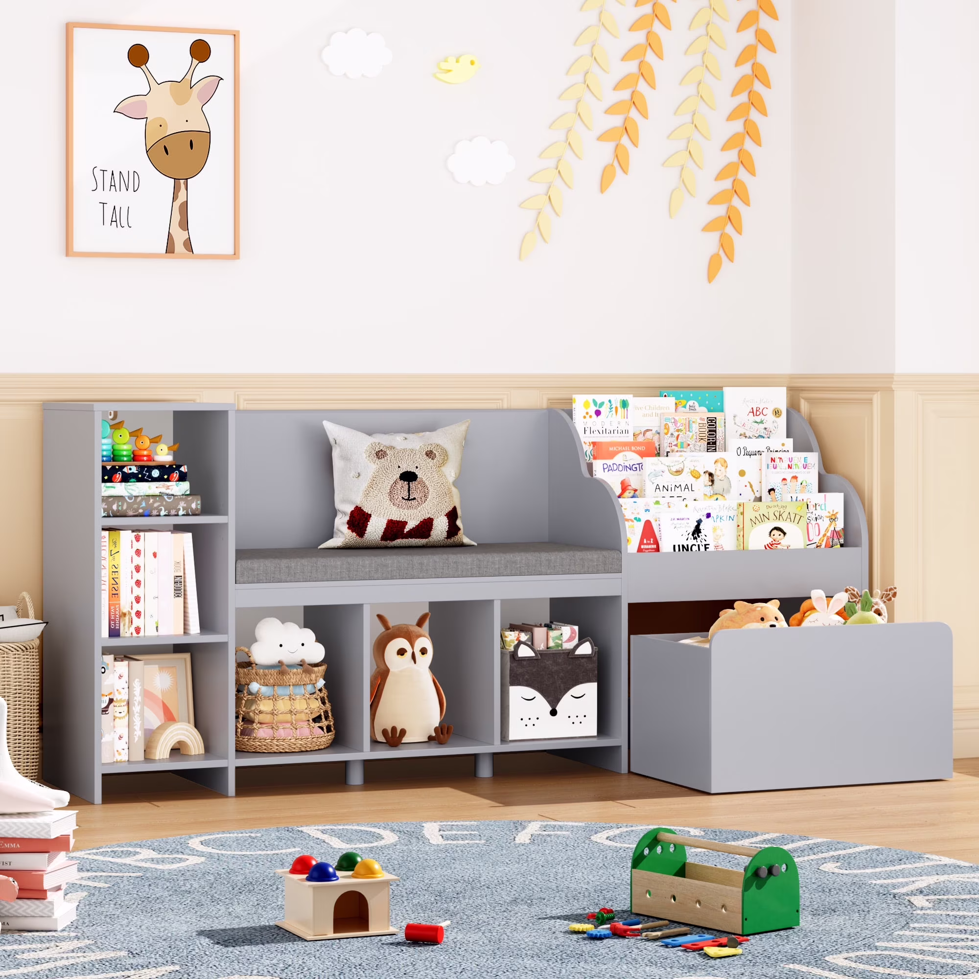 Homfa Kids Bookshelf with Reading Nook, 6 Shelf Bookcase with 1 Wood Toy Bin with 3 Tier Book Rack for Children Kidsroom