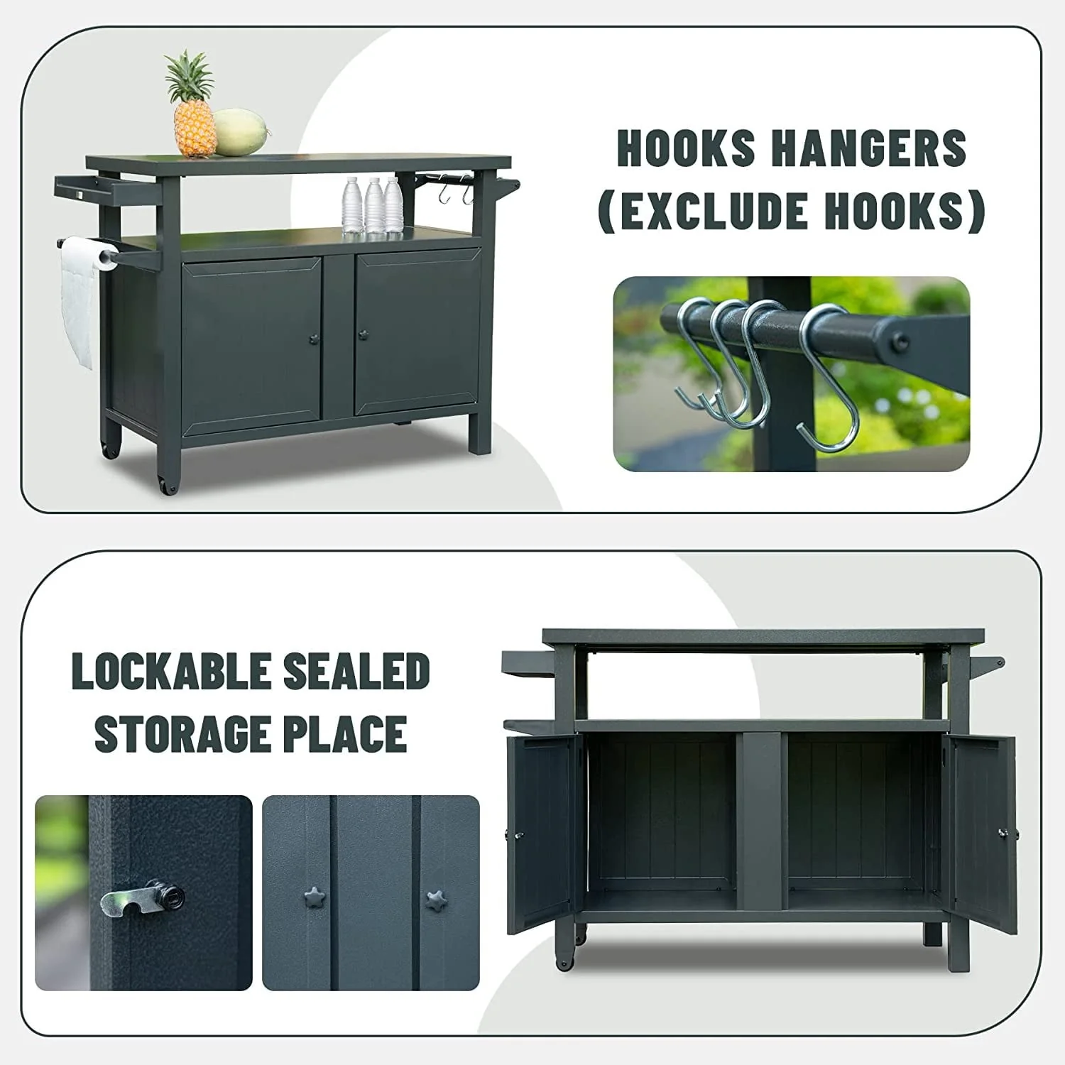 Domi Grill Carts Outdoor with Storage and Wheels, Whole Metal Portable Table and Storage Cabinet for BBQ,Deck,Patio,Backyard(Dark Grey,L45x W20.31x H35.51 Inch) - Image 6