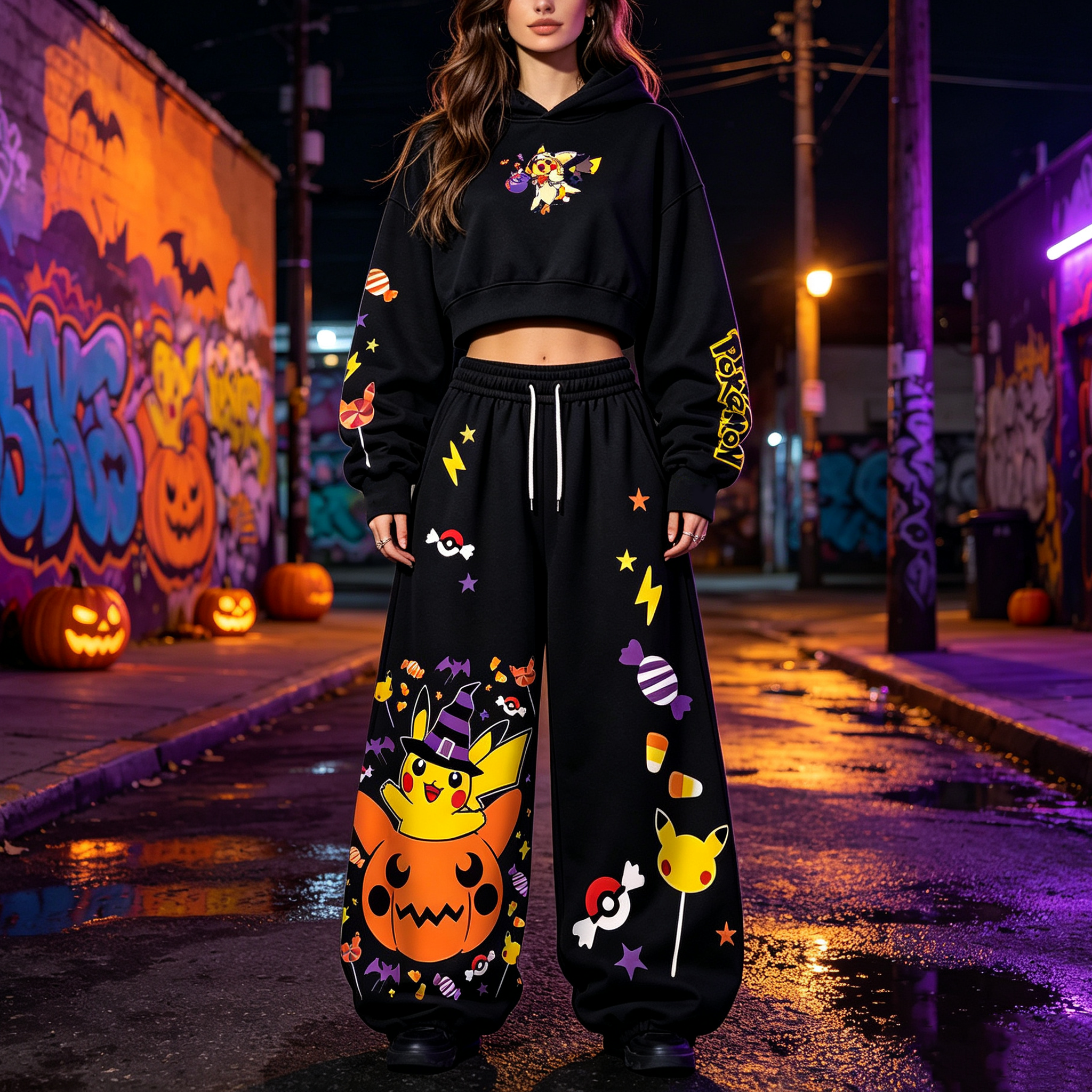 Pokémon Halloween Series Cropped Long Sleeve Hoodie & High Waist Jogger Pants Two Piece TeeThreads Sustain the Scene with Custom Apparel