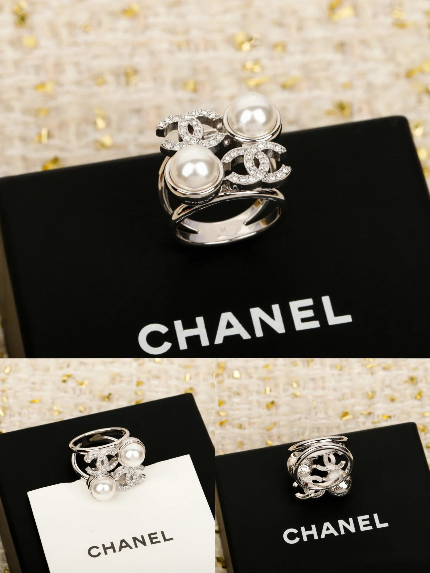 Chanel Two Pearls Coco Silver Ring - Original Replica Club