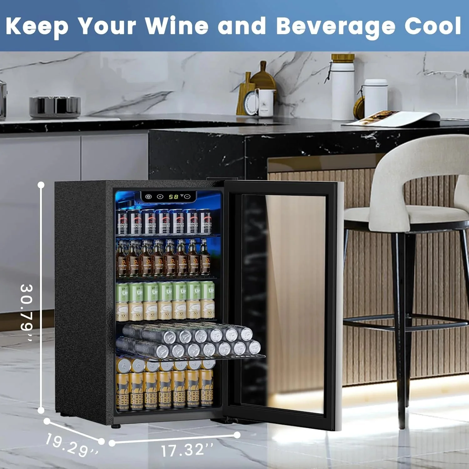 Mini Fridge 130 Can Beverage Refrigerator Cooler, 3.2 Cu.Ft Drink Fridge for Soda Wine Beer, Adjustable Temperature Control for Home Office, Black