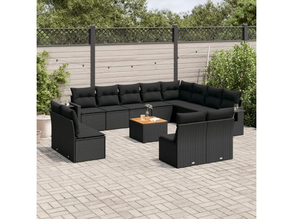 Set de sofás de jardín y cojines 13 piezas ratán sintético negro