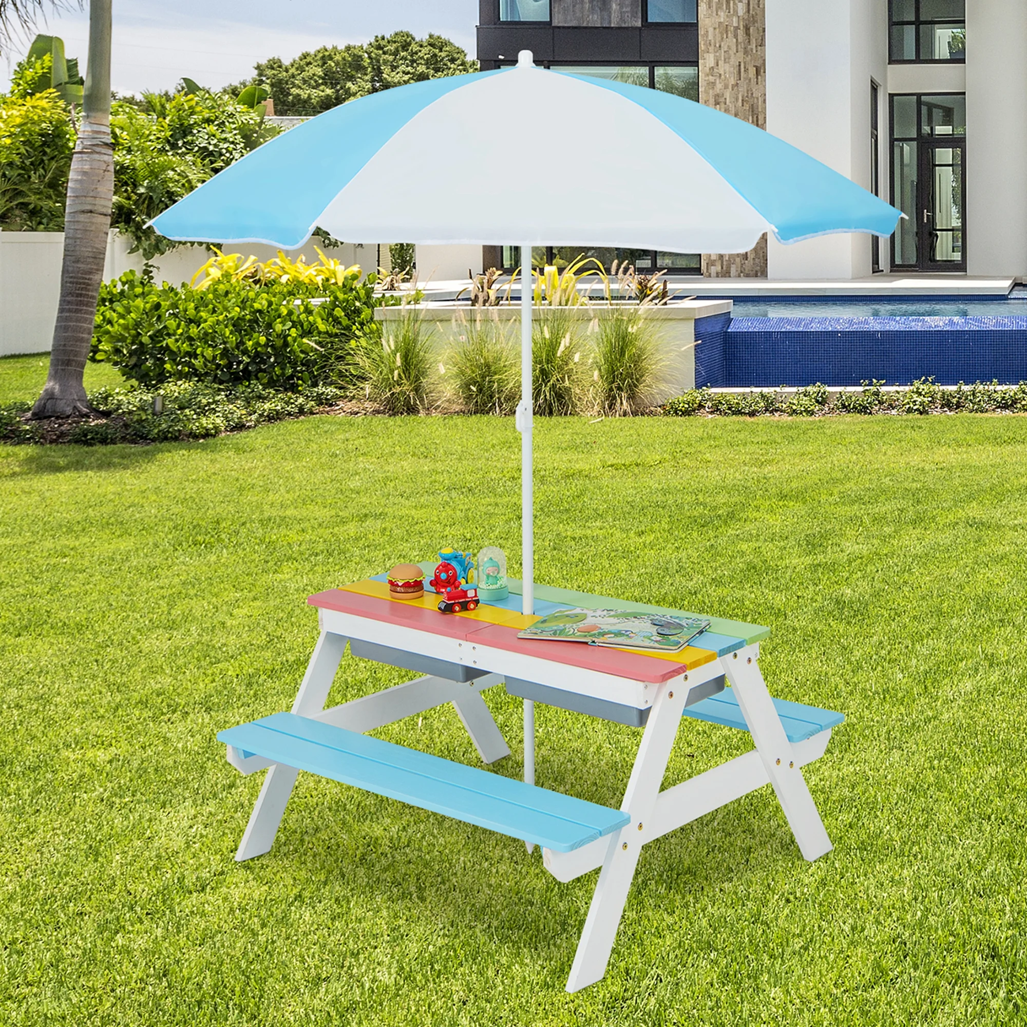 Costway 3-in-1 Kids Picnic Table Wooden Outdoor Sand & Water Table with Umbrella Play Boxes Green - Image 14