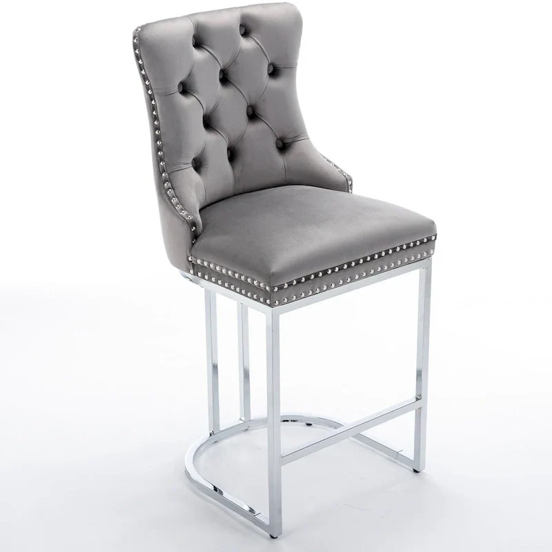Contemporary Set of 2 Bar Stools with Button-Tufted Back and Studded Trim, Chrome Metal Base - Ideal for Dining Room, Living Room, and Bedroom