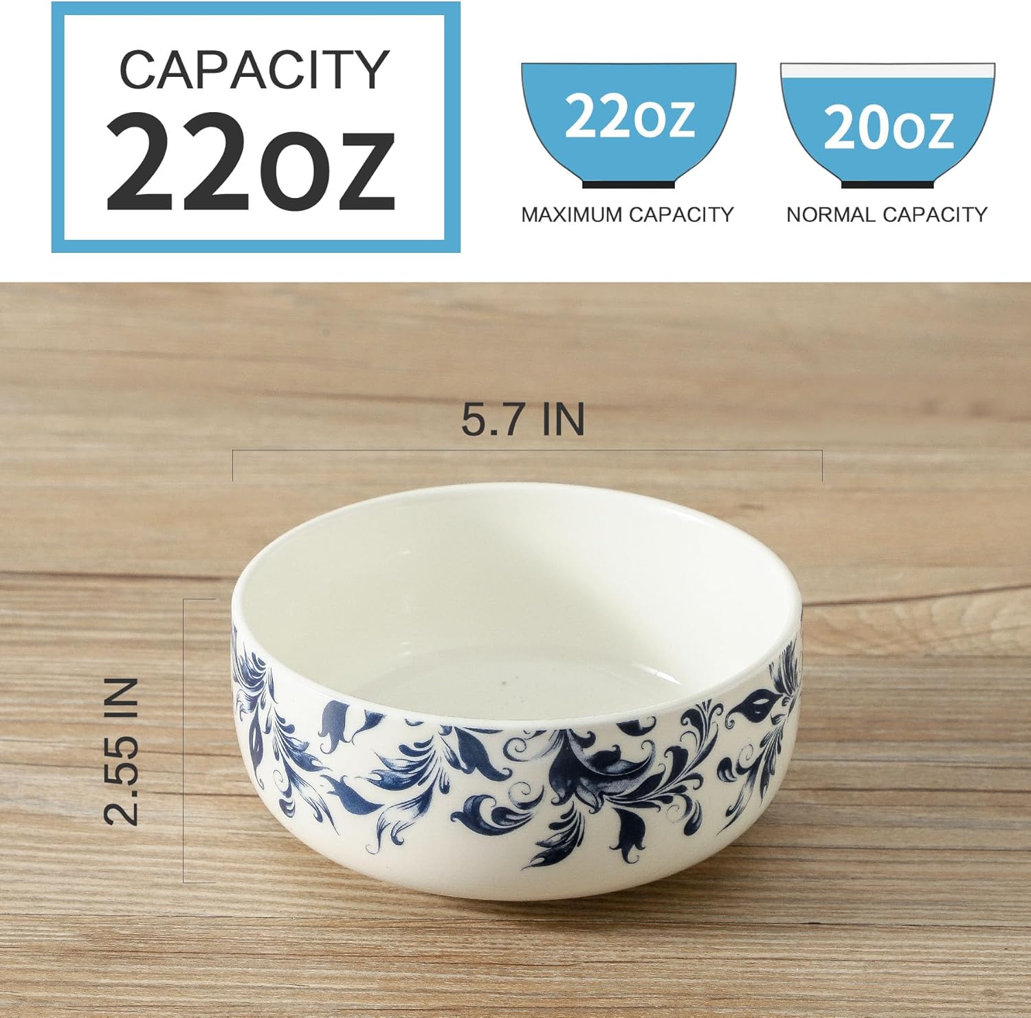 Large Soup Bowls Set of 4, Ceramic Serving Bowl Japanese, Cereal Bowls for Breakfast, Blue and White bowl for Raman Oatmeal Salad Rice Pho, Microwave & Dishwasher Safe