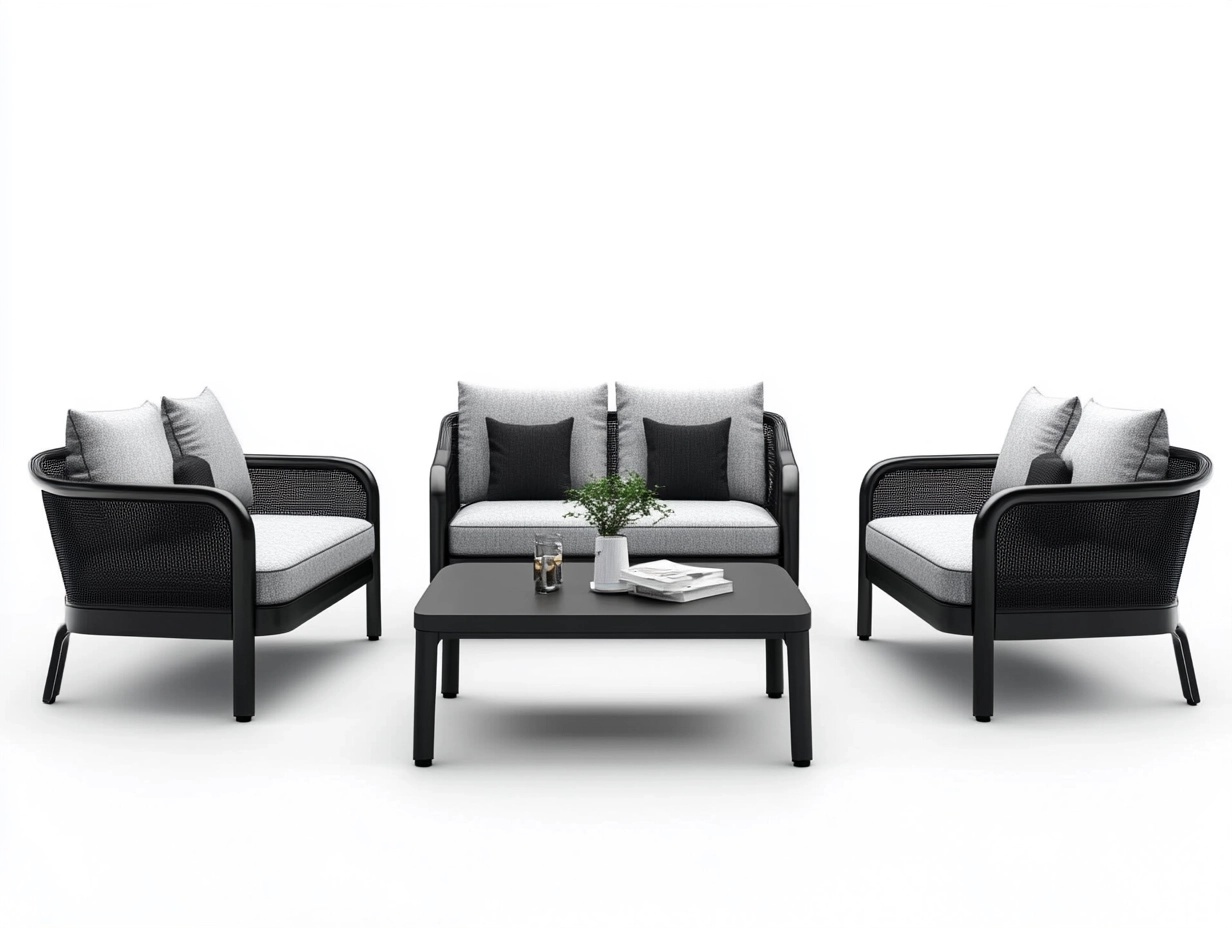 Sofá de exterior negro y gris en aluminio con cojines grises conjunto moderno de 4 piezas ideal para terraza jardín o patio