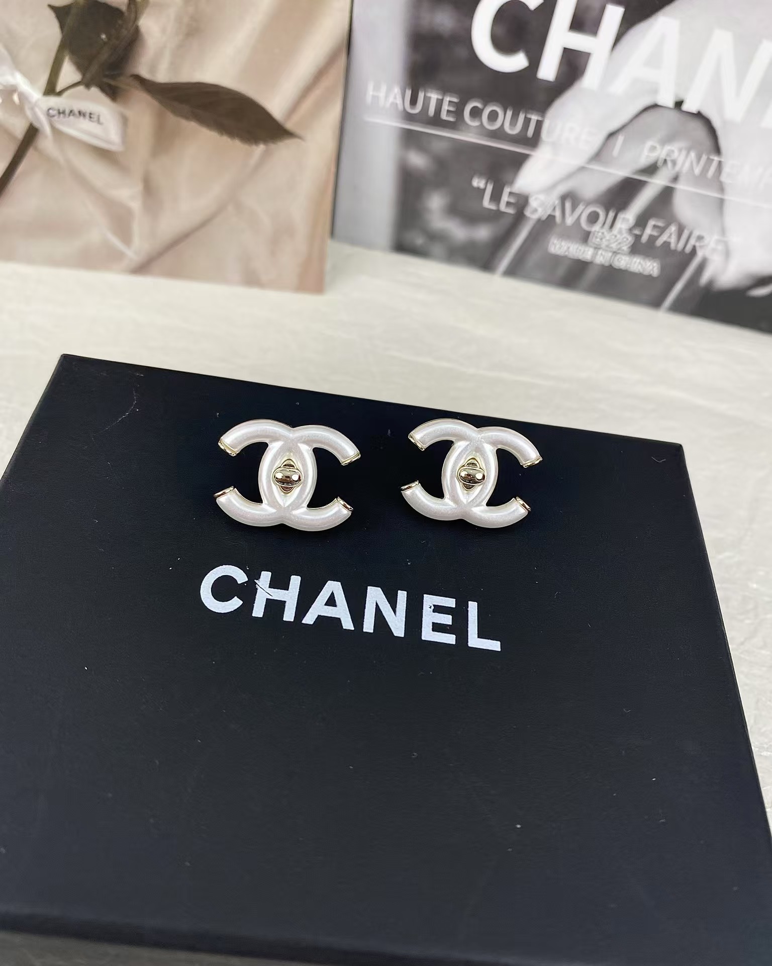 Chanel White Double C Stud Earrings - Original Replica Club