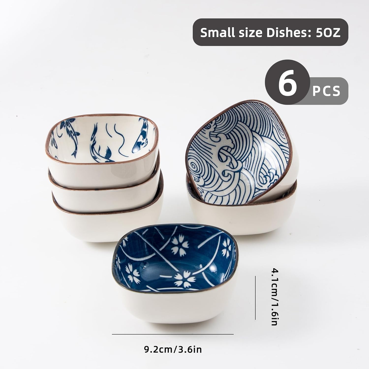 Ceramic Dipping Bowls Set of 6, 5OZ Small Soy Sauce Dishes, Japanese Style Square Pinch Bowls for Sushi Sauce Ketchup BBQ, Oven Microwave Dishwasher Safe, 3.6Inch (Blue Ocean)