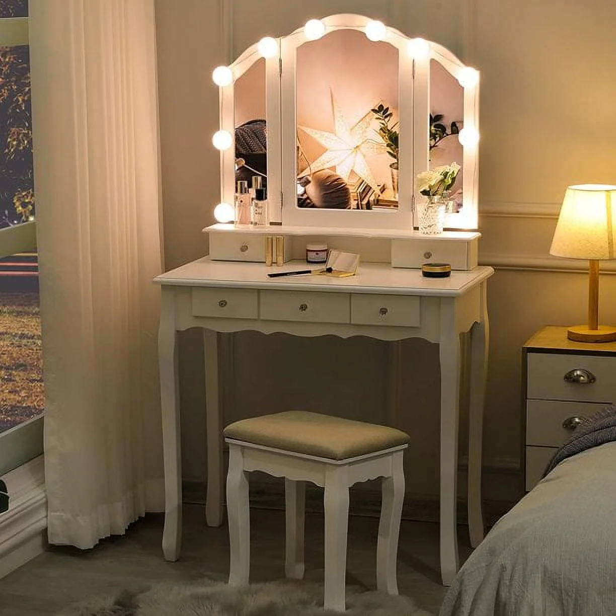 Vanity Table Set with Lighted Tri-Folding Mirror and Cushion Stool, White