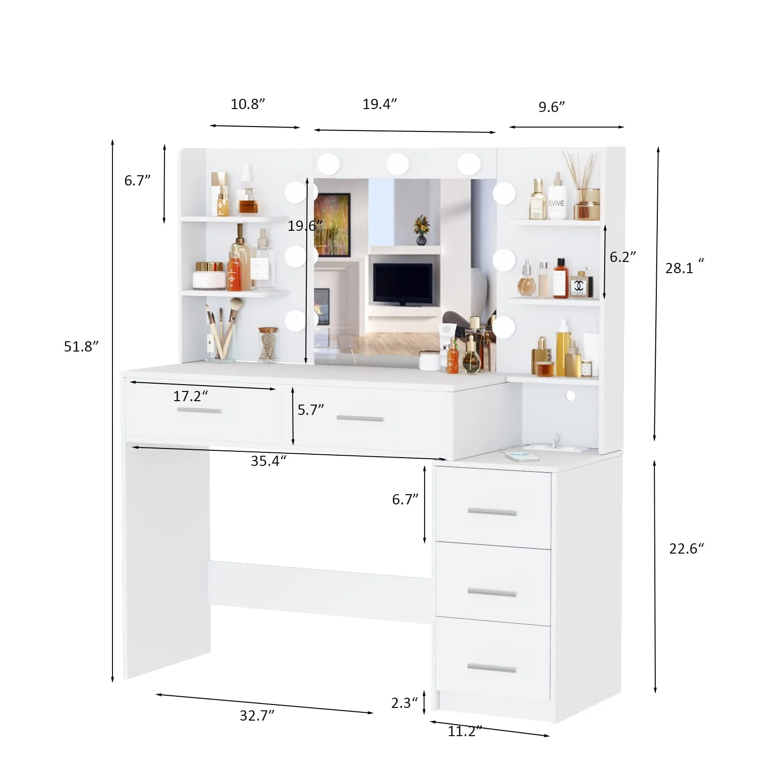 Makeup Vanity with Mirror and Lights,3 Lighting Colors,Bedroom Vanity Table with Charging Station,White Make Up Desk with 5 Drawers Storage and Open Shelves - Image 2