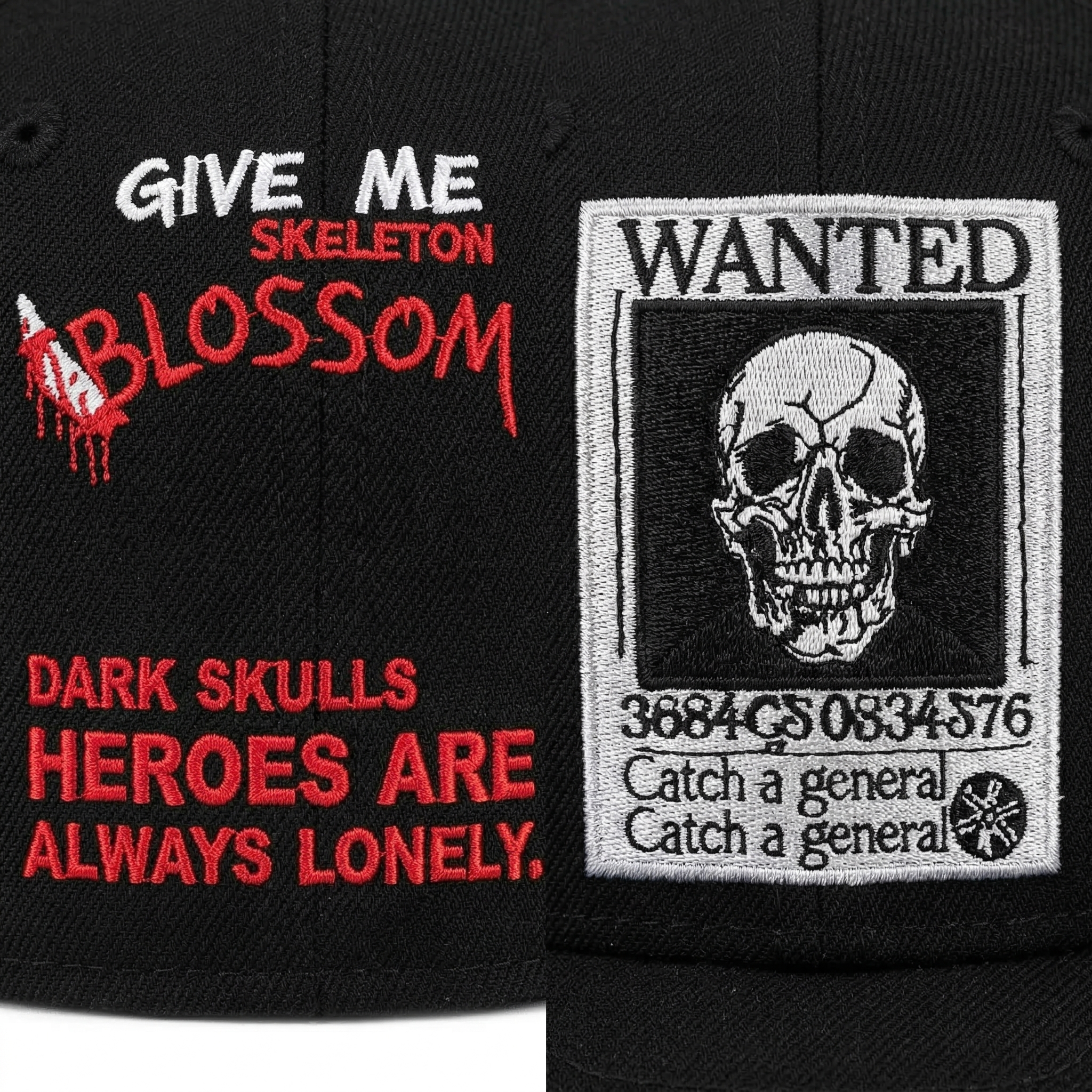 Right image with a high-definition close-up of the intricate red and white embroidered text and the detailed 'WANTED' poster patch.